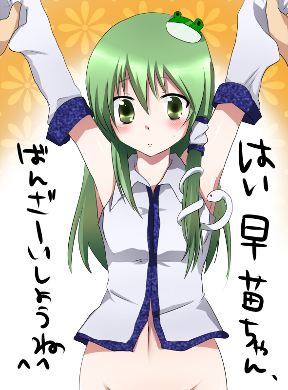 marimo danshaku, msan, kochiya sanae, touhou, bad id, bad pixiv id, translated, 1girl, o/, armpits, arms up, bottomless, detached sleeves, female focus, gradient background, green eyes, green hair, hair ornament, long hair, male hand, matching hair/eyes, navel, no panties, outstretched arms, solo, text focus, white background