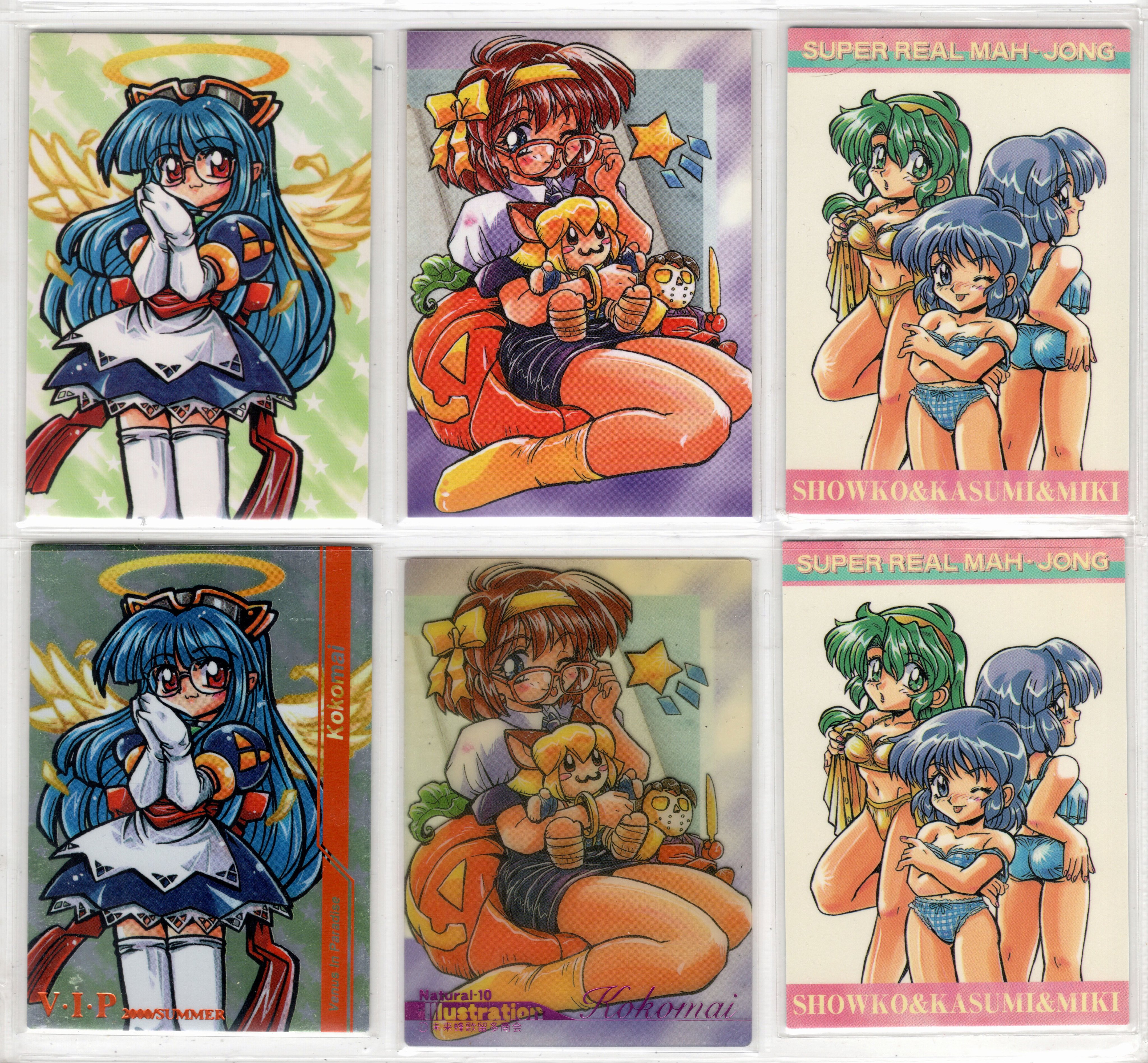 kokomahi, serizawa kasumi, serizawa miki, shoko (super real mahjong), crime crackers, original, super real mahjong, absurdres, commentary request, highres, official art, photo (medium), 5girls, :p, ;p, angel, angel wings, apron, artist name, ass, back bow, bean bag chair, blue bra, blue dress, blue eyes, blue hair, blue necktie, blue panties, blue skirt, bow, bra, bracelet, breasts, brown hair, card (medium), character doll, character name, closed mouth, dackson (dokidoki vampire), dokidoki vampire, doll, dress, elbow gloves, feathered wings, glasses, gloves, green eyes, green hair, hair bow, hairband, halo, hand up, hands up, holding, holding doll, jack-o'-lantern, jewelry, leaza (crime crackers), long hair, looking at viewer, looking back, medium breasts, medium hair, miniskirt, multiple girls, necktie, no shoes, one eye closed, open clothes, open mouth, open shirt, orange-framed eyewear, own hands clasped, own hands together, palms together, panties, parted lips, pencil skirt, pointy ears, puffy short sleeves, puffy sleeves, red bow, red eyes, removing eyewear, shirt, short hair, short sleeves, siblings, sisters, sitting, skirt, small breasts, smile, socks, standing, star (symbol), thighhighs, thighs, tongue, tongue out, traditional halo, underwear, underwear only, undressing, very long hair, wendy wilkinson, white apron, white gloves, white shirt, white thighhighs, wings, yellow bow, yellow bra, yellow hairband, yellow panties, yellow shirt, yellow socks, yellow wings