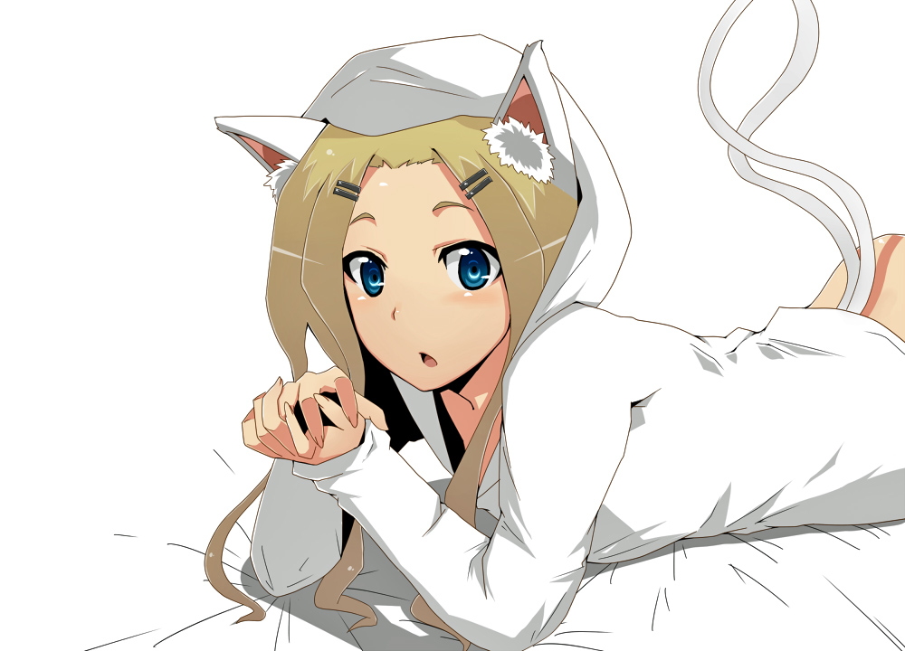 jont, bad id, bad pixiv id, :o, animal ears, blue eyes, blush, brown hair, hair ornament, hairclip, hood, long hair, lying, multiple tails, solo, tail