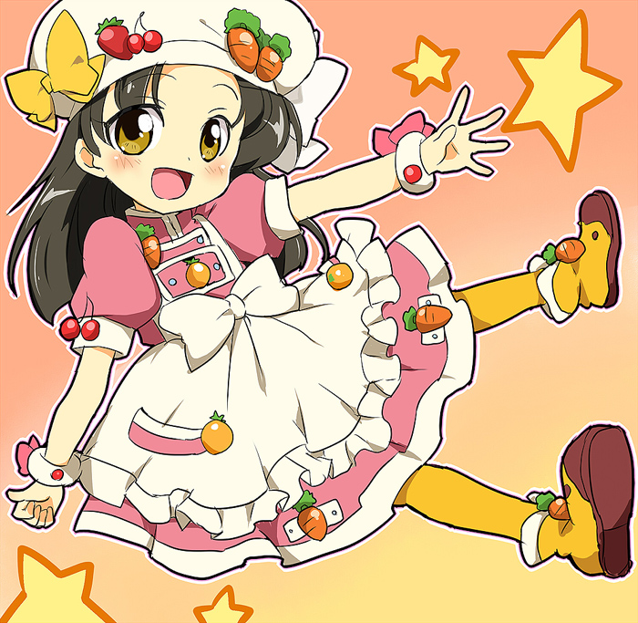 maruki (punchiki), hiiragi mine, cooking idol ai! mai! main!, bad id, bad pixiv id, boots, brown eyes, brown hair, child, dress, happy, hat, long hair, pantyhose, solo