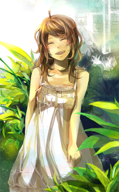 sakuragi kei, original, blush, brown hair, curly hair, dress, happy, long hair, plant, solo