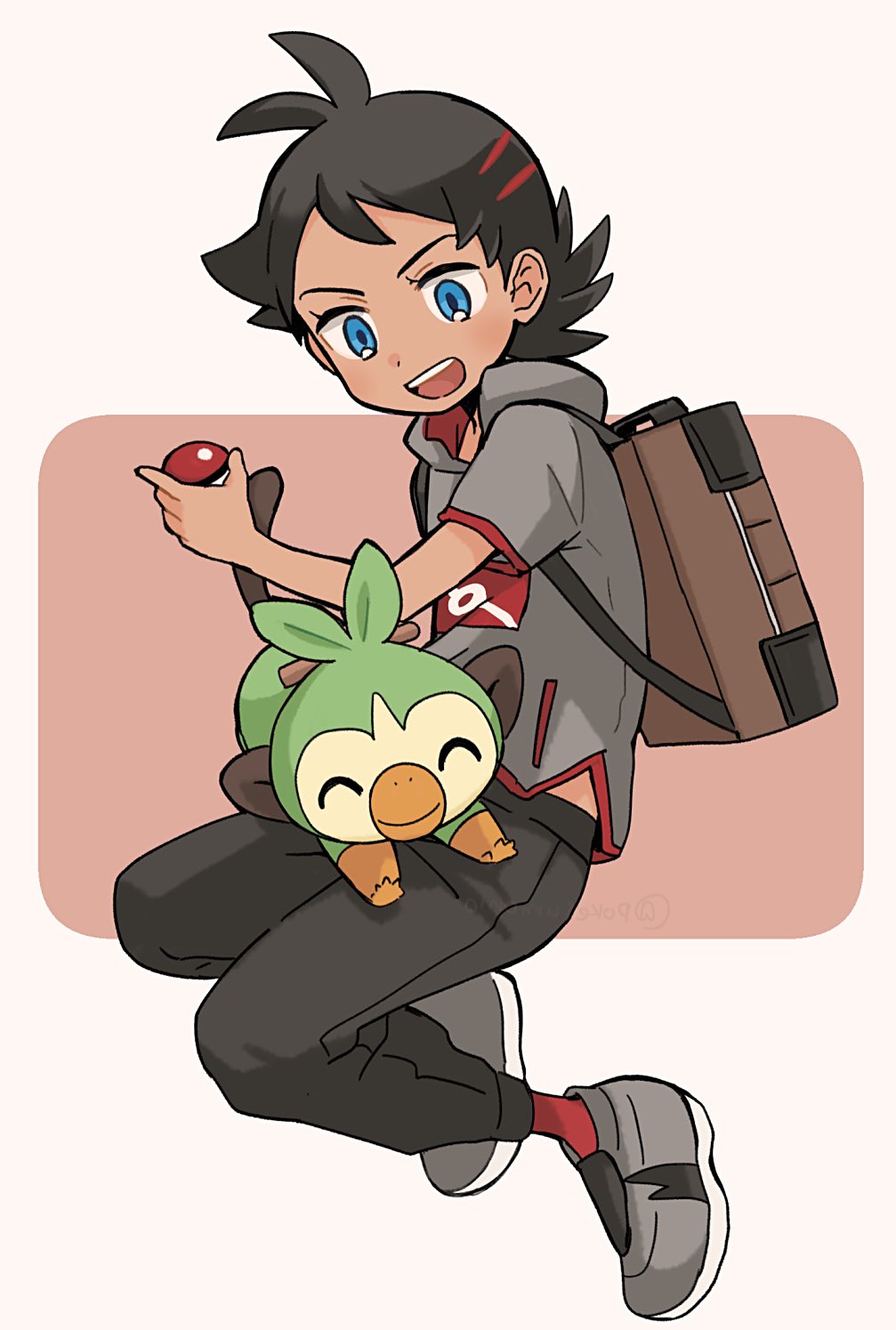 pokesumomo, goh (pokemon), grookey, nintendo, pokemon, pokemon (anime), pokemon journeys, commentary request, highres, 1boy, :d, antenna hair, backpack, bag, black hair, blue eyes, brown bag, gen 8 pokemon, grey shirt, grey shoes, happy, holding, holding poke ball, looking down, male focus, medium hair, on lap, open mouth, pants, poke ball, poke ball (basic), pokemon (creature), pokemon on lap, red socks, shirt, shoes, short sleeves, smile, socks, teeth, upper teeth only