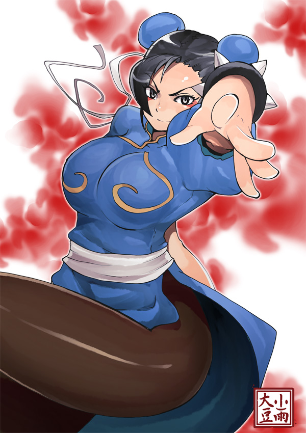 kosame daizu, chun-li, capcom, street fighter, bad id, bad pixiv id, 1girl, black hair, breasts, bun cover, china dress, chinese clothes, double bun, dress, female focus, hair bun, large breasts, legs, pantyhose, pelvic curtain, smile, solo, thighs