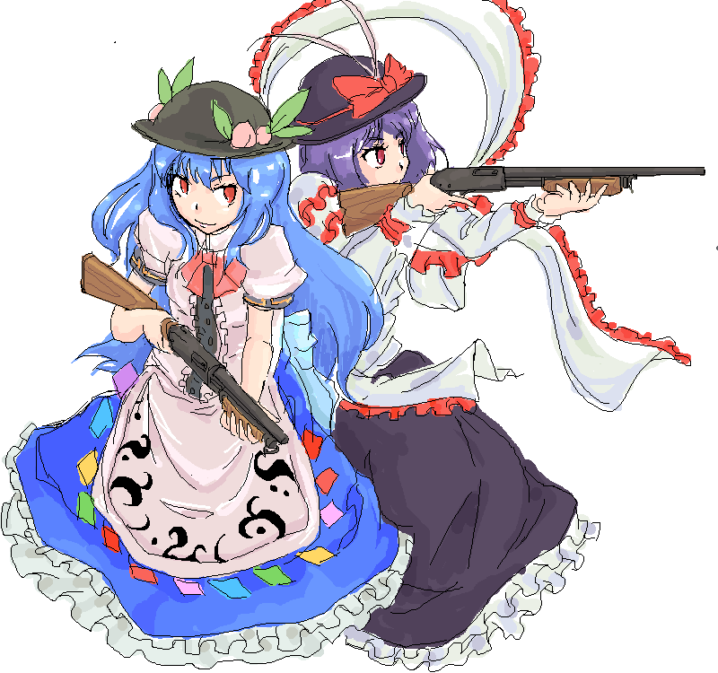 michael-x, hinanawi tenshi, nagae iku, touhou, 2girls, blue hair, female focus, food, fruit, gun, hat, multiple girls, peach, purple hair, red eyes, ribbon, scarf, shotgun, skirt, trigger discipline, weapon