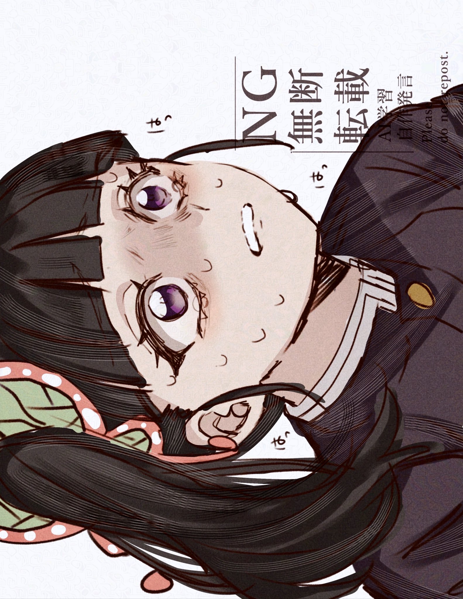mofubii, tsuyuri kanao, kimetsu no yaiba, highres, 1girl, black hair, blunt bangs, butterfly hair ornament, buttons, demon slayer uniform, english text, gold buttons, hair ornament, high collar, long hair, purple eyes, side ponytail, sideways, simple background, solo, sweat, teeth, upper body, white background