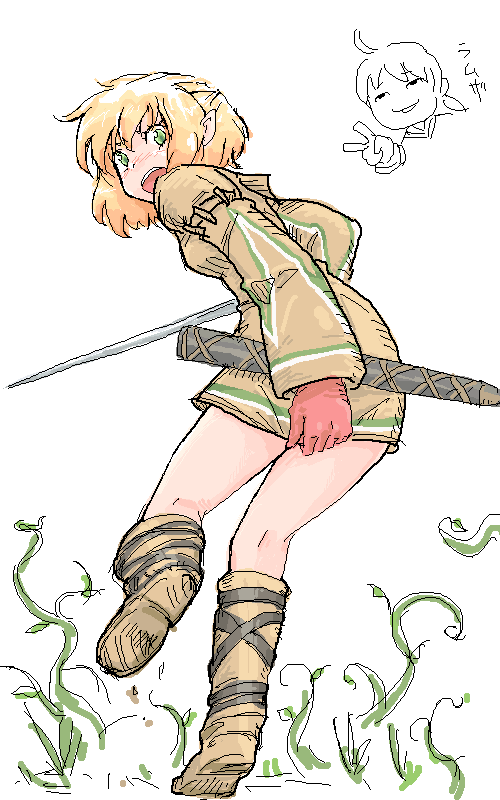 michael-x, geomancer (fft), mizuhashi parsee, ramza beoulve, final fantasy, final fantasy tactics, touhou, 1boy, 1girl, blonde hair, boots, cosplay, crossdressing, embarrassed, geomancer (fft) (cosplay), gloves, green eyes, legs, oekaki, open mouth, parody, plant, pointy ears, scabbard, sheath, short hair, sword, vines, weapon, yukkuri shiteitte ne