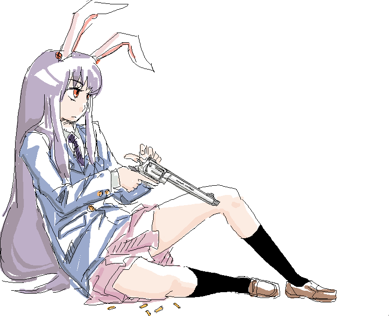 michael-x, reisen udongein inaba, smith & wesson, touhou, 1girl, animal ears, black socks, blazer, blouse, brown shoes, collared shirt, female focus, from side, gun, handgun, jacket, kneehighs, long hair, miniskirt, oekaki, pistol, rabbit ears, rabbit girl, revolver, s&w model 500, shirt, shoes, simple background, single ear down, sitting, skirt, smith & wesson model 500, socks, solo, very long hair, weapon, white background, white shirt