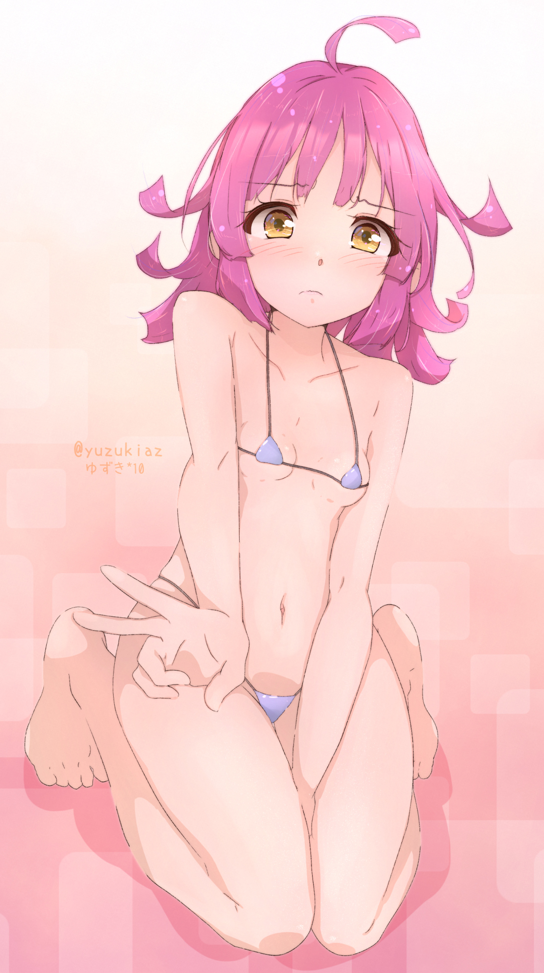 yuzukiaz, tennoji rina, love live!, love live! nijigasaki high school idol club, 1girl, antenna hair, artist name, between legs, bikini, blush, breasts, closed mouth, collarbone, embarrassed, eyelashes, female focus, full body, gradient background, hand between legs, hand up, looking at viewer, medium hair, micro bikini, navel, petite, pink background, pink hair, purple bikini, seiza, simple background, sitting, small breasts, solo, swimsuit, v, wavy mouth, yellow eyes