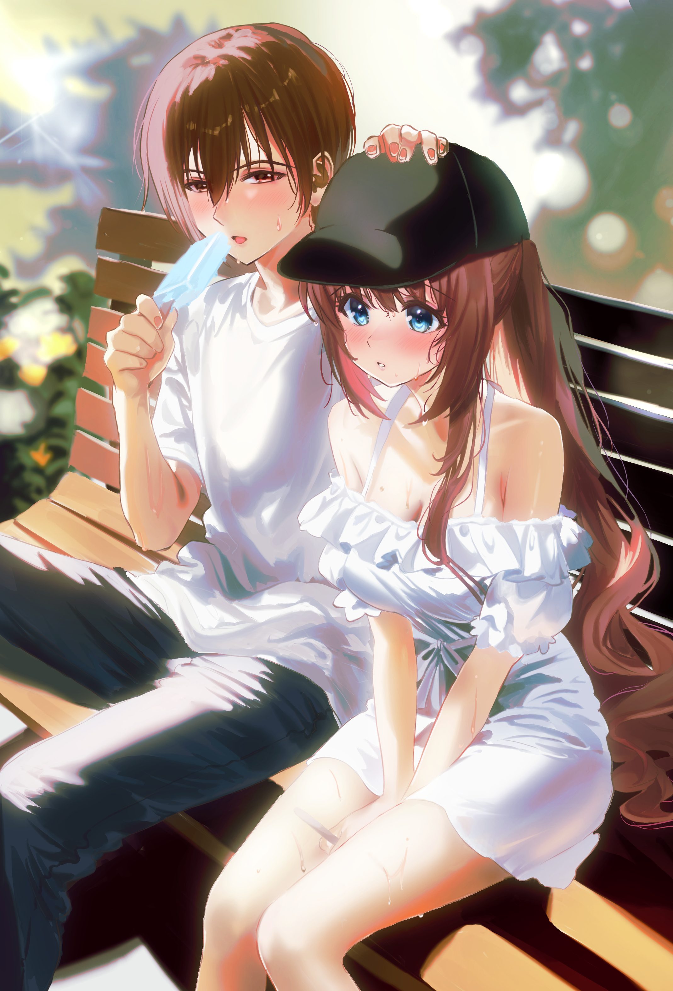 miiizuno lbs, a-chan (little busters!), natsume kyousuke, little busters!, absurdres, commentary request, highres, 1boy, 1girl, alternate costume, alternate hairstyle, backlighting, bare shoulders, bench, black hat, black pants, blue eyes, blurry, blurry background, blush, breasts, brown eyes, brown hair, cleavage, collarbone, couple, day, dress, eyelashes, eyes visible through hair, feet out of frame, food, frilled dress, frills, hair between eyes, halterneck, hand up, hat, headpat, hetero, holding, holding food, holding popsicle, hot, large breasts, long hair, looking afar, looking at another, off-shoulder dress, off shoulder, on bench, open mouth, outdoors, pants, park bench, parted lips, peaked cap, ponytail, popsicle, raised eyebrows, shirt, short dress, short hair, short sleeves, sidelocks, sitting, spaghetti strap, sundress, sweat, v arms, very long hair, white dress, white shirt