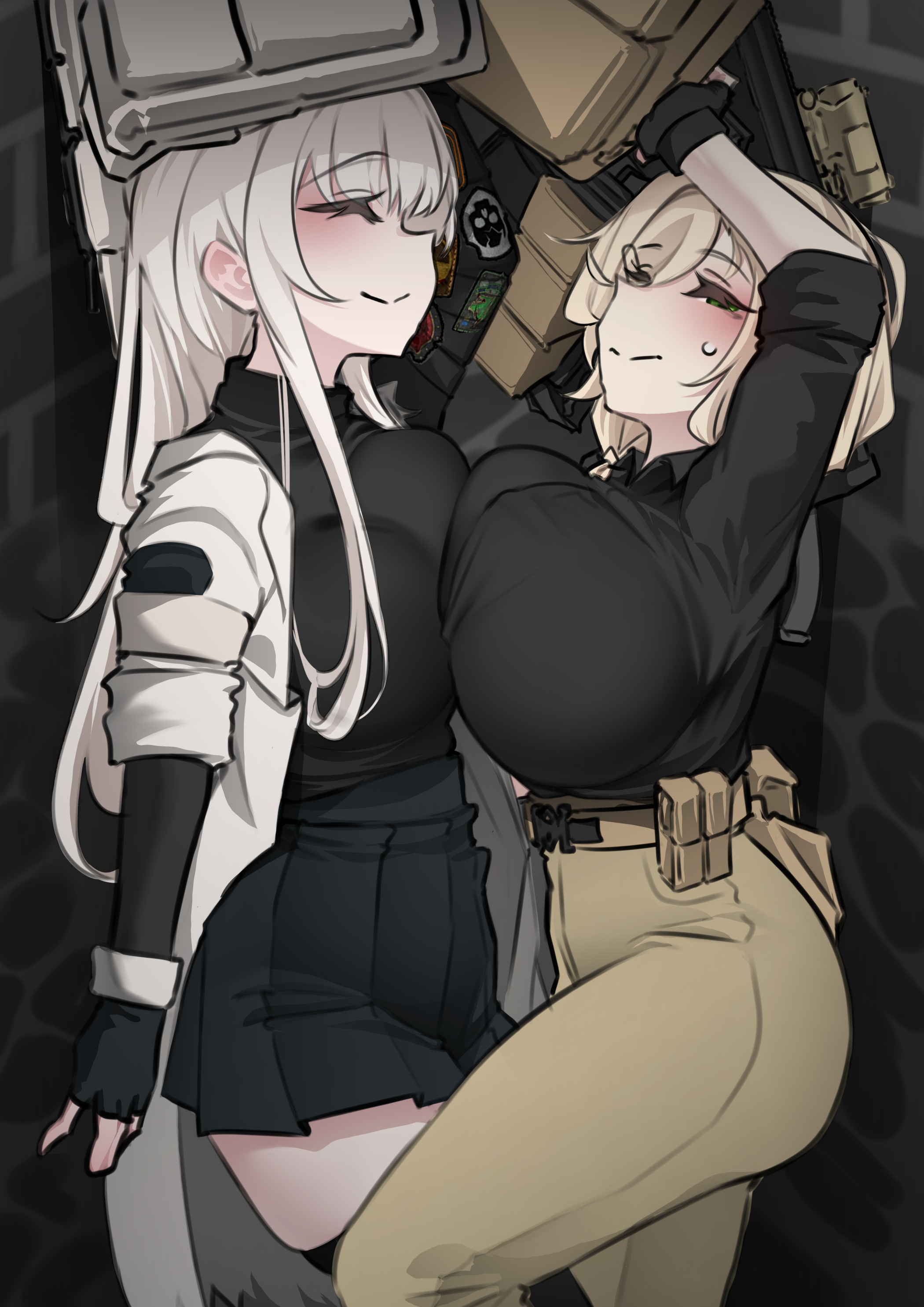 k0ng, original, stalker (game), absurdres, highres, variant set, 2girls, ammunition pouch, arm up, asymmetrical docking, bag, belt, belt pouch, black gloves, black shirt, black skirt, black sweater, breast press, breasts, brown belt, brown pants, closed eyes, closed mouth, coat, collared shirt, fingerless gloves, gloves, hair ornament, hair over shoulder, hairclip, holding, holding bag, huge breasts, large breasts, long hair, long sleeves, medium hair, multiple girls, open mouth, pants, pleated skirt, pouch, shirt, shirt tucked in, skirt, sleeves rolled up, smile, sweat, sweatdrop, sweater, turtleneck, turtleneck sweater, very long hair, walkie-talkie, white coat, white hair