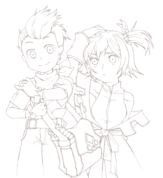 bcg, karol capel, nan (tales), tales of (series), tales of vesperia, bad id, bad pixiv id, 00s, 1boy, 1girl, bag, greyscale, lineart, monochrome, short hair
