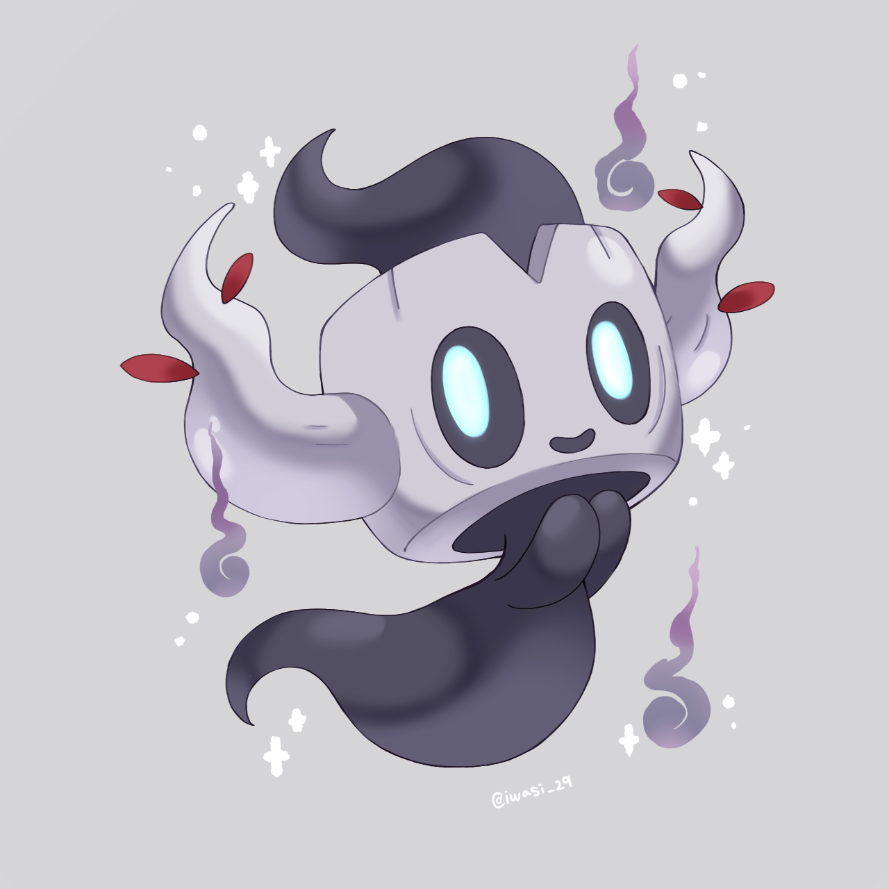 iwasi 29, phantump, nintendo, pokemon, commentary request, highres, alternate color, artist name, blue eyes, fire, gen 6 pokemon, grey background, no humans, own hands together, pokemon (creature), shiny pokemon, simple background, sparkle, twitter username