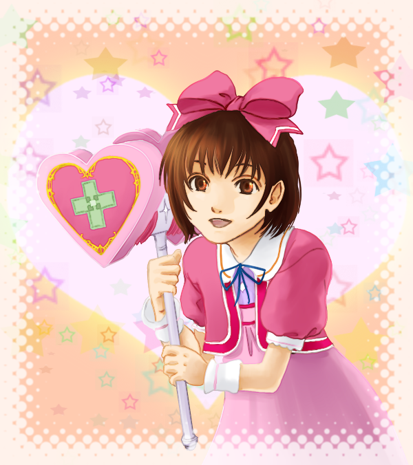 june rainydays, karol capel, karol capel (girly), tales of (series), tales of vesperia, 00s, 1boy, bow, brown eyes, brown hair, cross, crossdressing, crossdressing (mtf), dress, hammer, heart, male focus, official alternate costume, pink bow, pink dress, ribbon, short hair, solo, trap