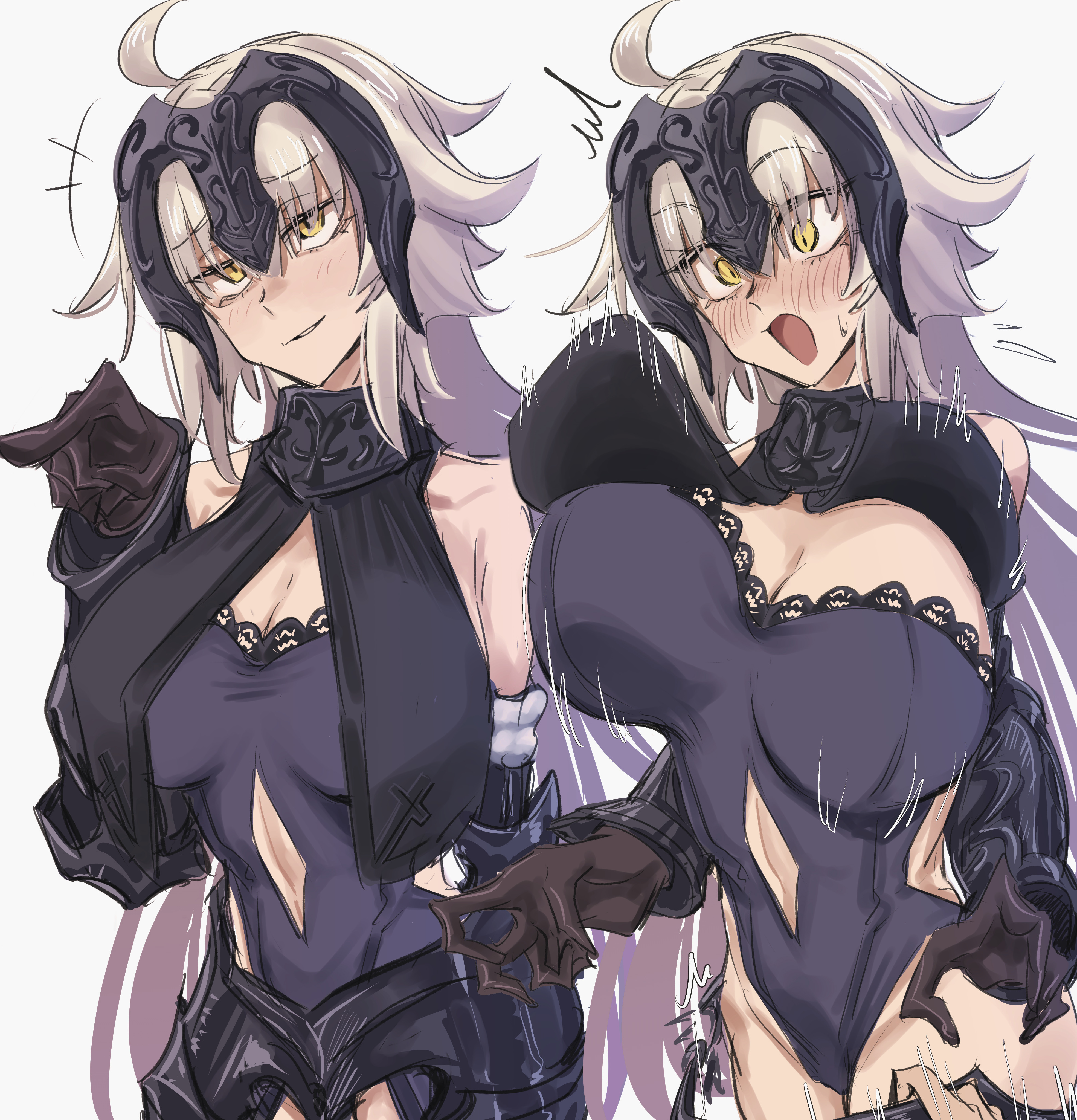 murderdoll1641, jeanne d'arc alter (avenger) (fate), jeanne d'arc alter (avenger) (third ascension) (fate), jeanne d'arc alter (fate), fate/grand order, fate (series), absurdres, commentary request, highres, 1girl, ahoge, armor, armored dress, bare shoulders, black dress, black gloves, breasts, cleavage, closed mouth, dress, flustered, gloves, grey hair, hair between eyes, headpiece, large breasts, lingerie, long hair, multiple views, open mouth, pointing, smile, solo, surprised, underwear, yellow eyes