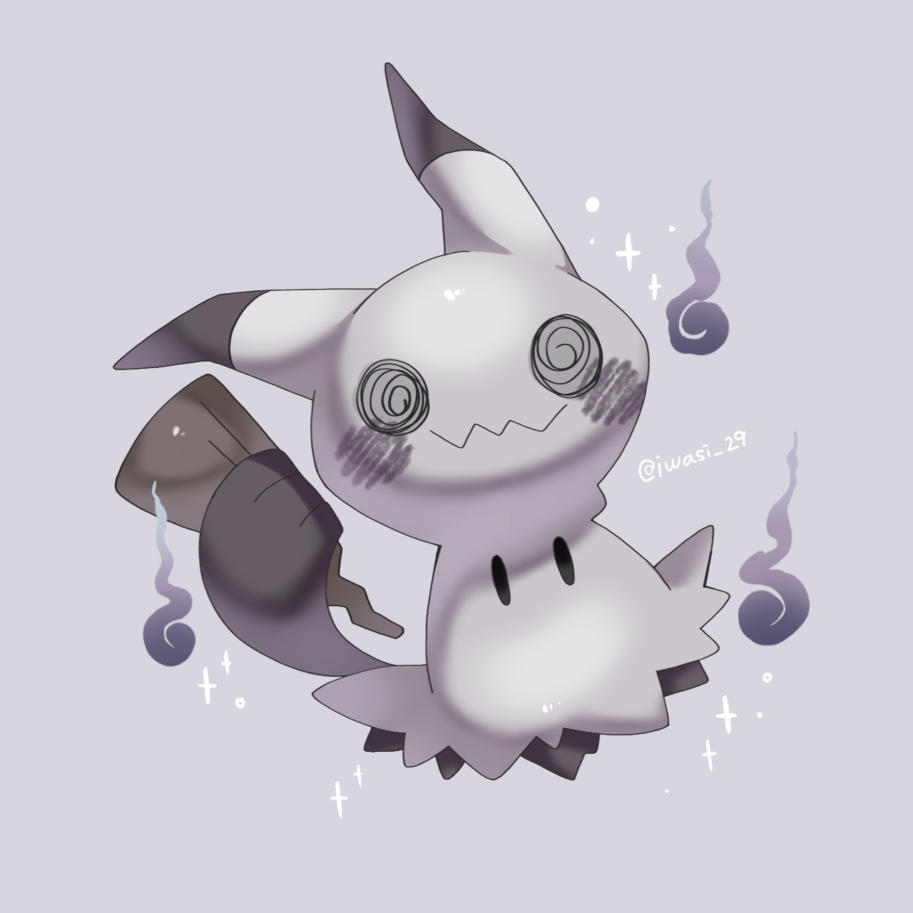 iwasi 29, mimikyu, nintendo, pokemon, commentary request, highres, alternate color, artist name, fire, gen 7 pokemon, grey background, no humans, pokemon (creature), shiny pokemon, simple background, solid oval eyes, sparkle, tail, twitter username, wavy mouth