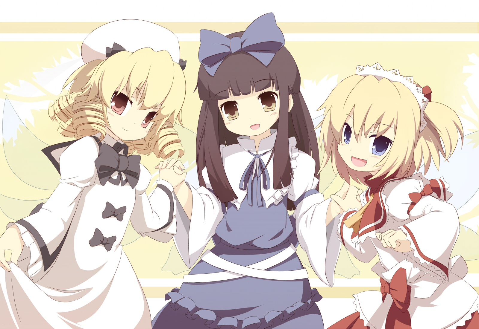 miko machi, luna child, star sapphire, sunny milk, perfect memento in strict sense, touhou, highres, 3girls, black hair, blonde hair, blue eyes, drill hair, female focus, hair ribbon, hairband, hat, multiple girls, red eyes, ribbon, standing, wings, yellow eyes