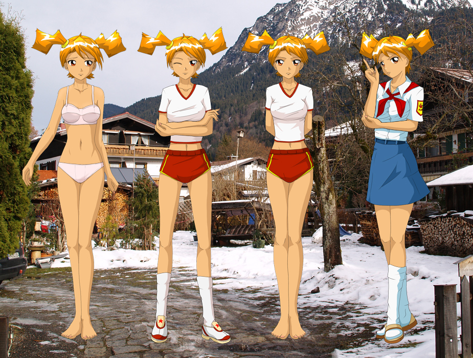 dvach-tan, 2ch.ru, barefoot, bra, buruma, feet, gym uniform, lingerie, midriff, orange hair, outdoors, panties, pioneer movement, pioneer neckerchief, pointing, red eyes, school uniform, skirt, socks, soviet, soviet pioneer, sportswear, twintails, underwear