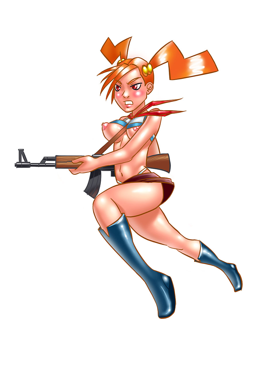 dvach-tan, 2ch.ru, highres, 1girl, ak-47, assault rifle, breasts, female focus, gun, kalashnikov, kalashnikov rifle, pioneer movement, pioneer neckerchief, rifle, russian text, solo, soviet, soviet pioneer, weapon
