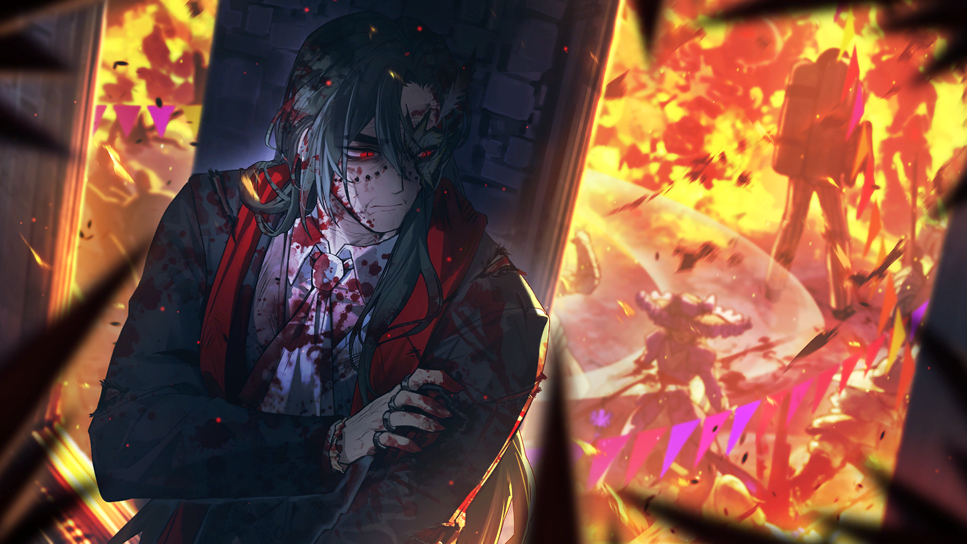 nai ga, gregor (project moon), meursault (project moon), limbus company, project moon, game cg, highres, official art, 2boys, alternate eye color, ascot, bisected, black hair, black suit, blood, blood on clothes, blood on face, blood on hands, broken mask, brown pants, collared shirt, external fuel tank, fire, firefist office (identity) (project moon), formal clothes, grey vest, la manchaland (identity) (project moon), long hair, mask, masquerade mask, multiple boys, pants, red eyes, red sash, sash, shirt, solo focus, stitched face, stitches, suit, torn clothes, vest, white shirt