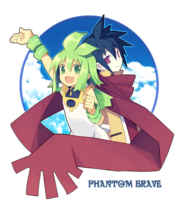 al, mugura, ash (phantom brave), marona (phantom brave), phantom brave, bad id, bad pixiv id, 1boy, 1girl, :d, antenna hair, arm up, back-to-back, black hair, dress, looking at viewer, open mouth, red eyes, scarf, short hair, sidelocks, smile, upper body, wrist cuffs