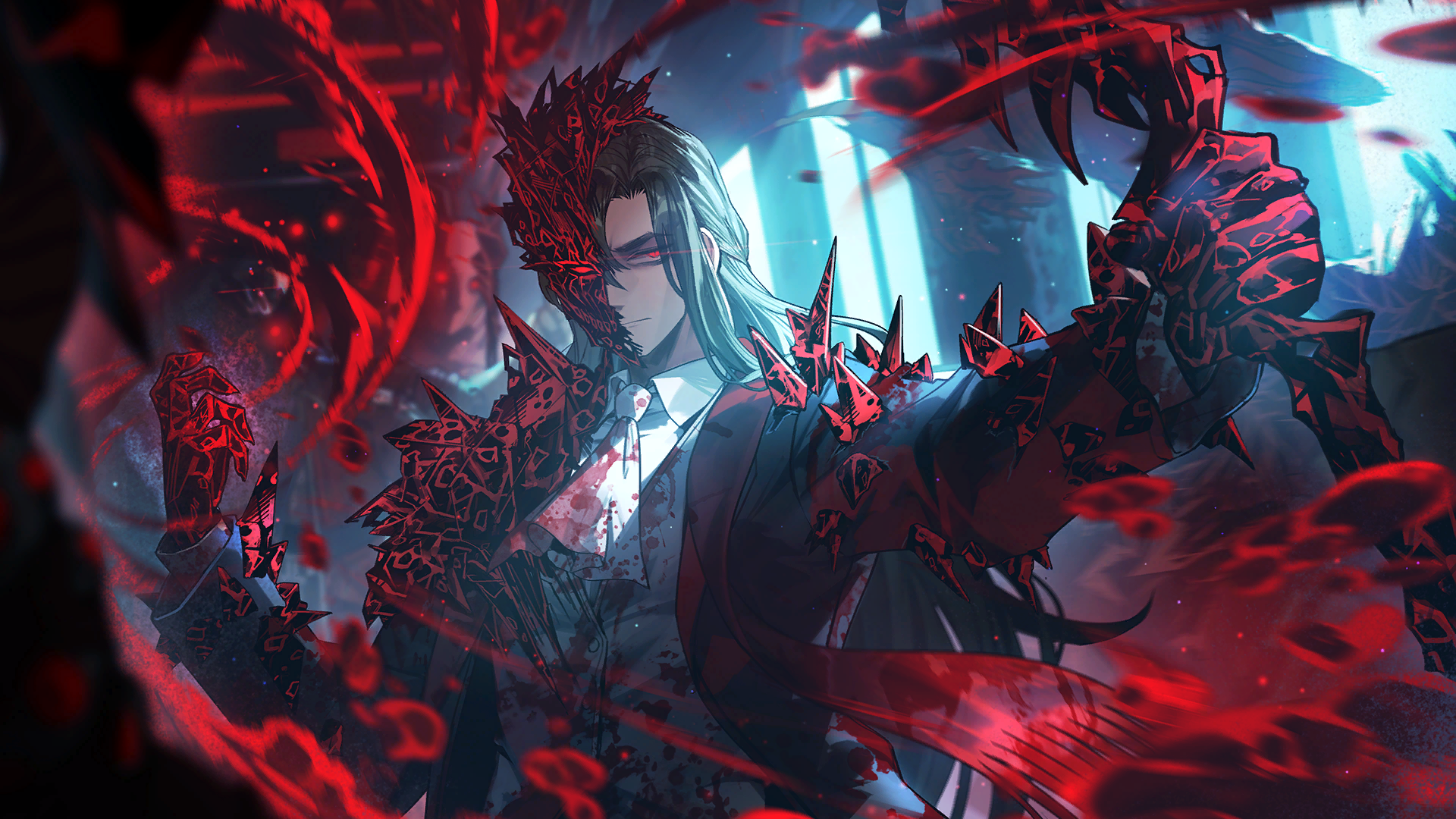 nai ga, meursault (project moon), limbus company, project moon, game cg, highres, official art, 1boy, 1other, alternate eye color, ascot, black hair, black suit, blood, blood on clothes, blood on face, collared shirt, formal clothes, grey vest, hemokinesis, jacket, la manchaland (identity) (project moon), long hair, red eyes, red sash, sash, shirt, solo focus, staff, suit, suit jacket, train interior, vest, white ascot, white shirt