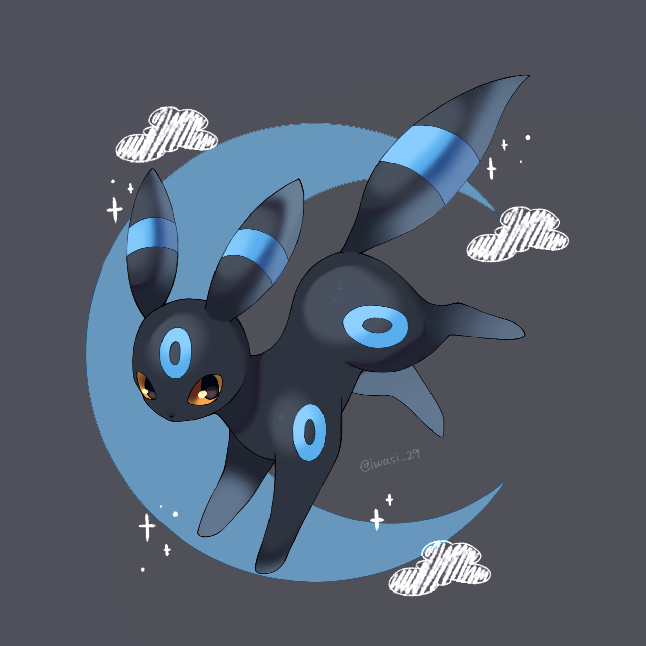 iwasi 29, umbreon, nintendo, pokemon, commentary request, highres, alternate color, animal focus, artist name, black fur, cloud, crescent moon, facial mark, forehead mark, gen 2 pokemon, grey background, moon, no humans, pokemon (creature), shiny pokemon, sparkle, tail, twitter username, yellow eyes