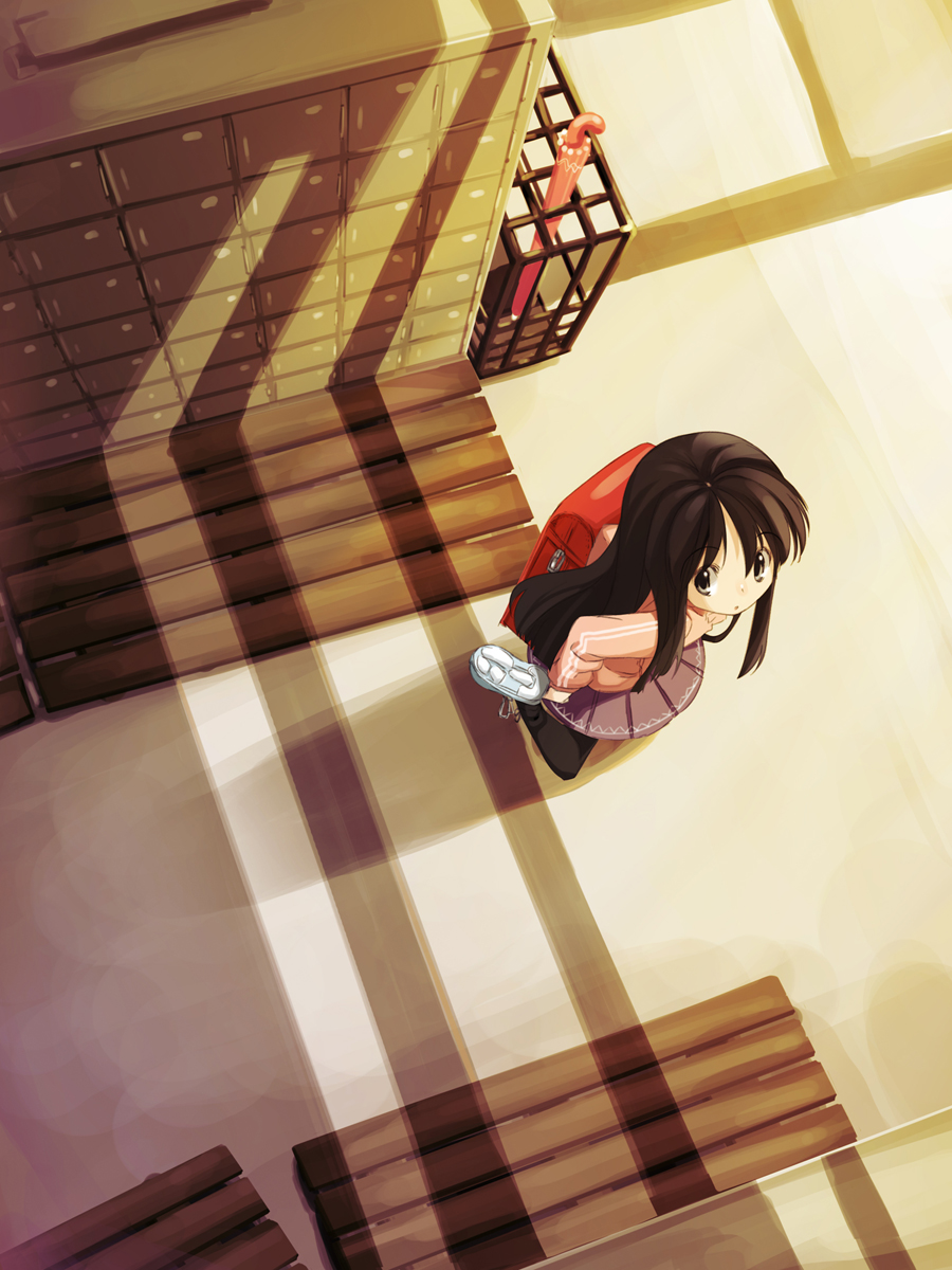 shouji ayumu, original, bad id, bad pixiv id, highres, 1girl, adjusting clothes, adjusting shoe, backpack, bag, black hair, brown hair, closed umbrella, female focus, from above, getabako, long hair, pantyhose, randoseru, school, skirt, solo, umbrella