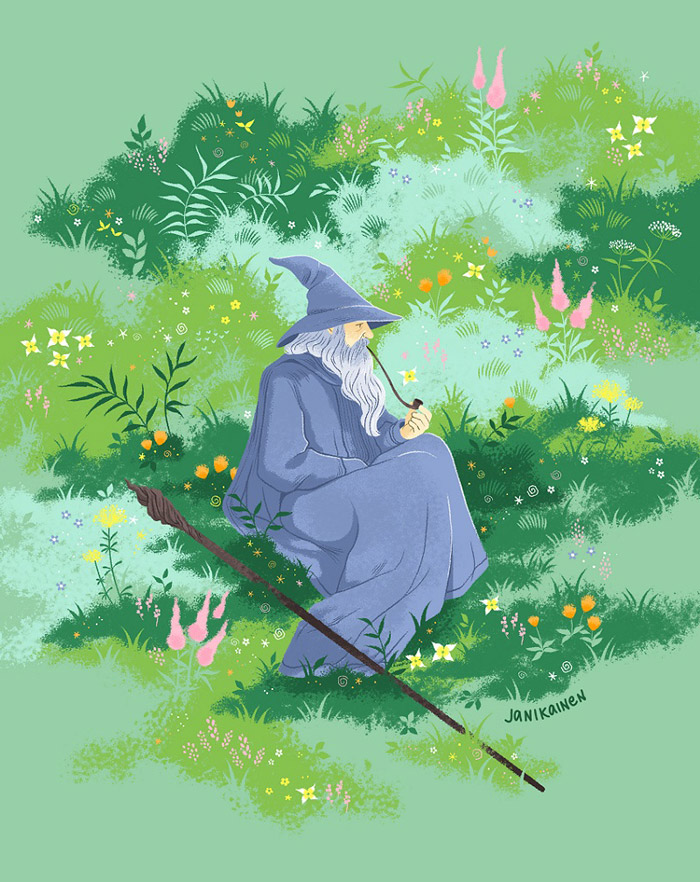 janikainen, gandalf, the lord of the rings, tolkien's legendarium, commentary, 1boy, artist name, beard, facial hair, field, flower, flower field, green theme, grey beard, grey hair, grey robe, hat, long beard, long hair, long sleeves, mage staff, male focus, old, old man, on grass, outdoors, robe, sitting, smoking pipe, solo, staff, summer, wizard, wizard hat
