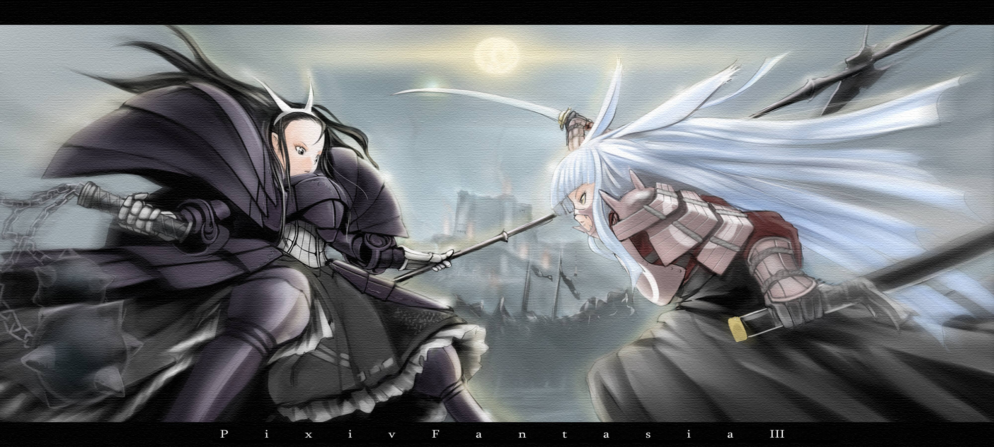 beni yuki, beniyuki, pixiv fantasia, pixiv fantasia 3, bad id, bad pixiv id, highres, 2girls, animal ears, armor, battle, black hair, fantasy, gigandal federation, letterboxed, long hair, mace, multiple girls, polearm, sheath, sun, sword, weapon, white hair