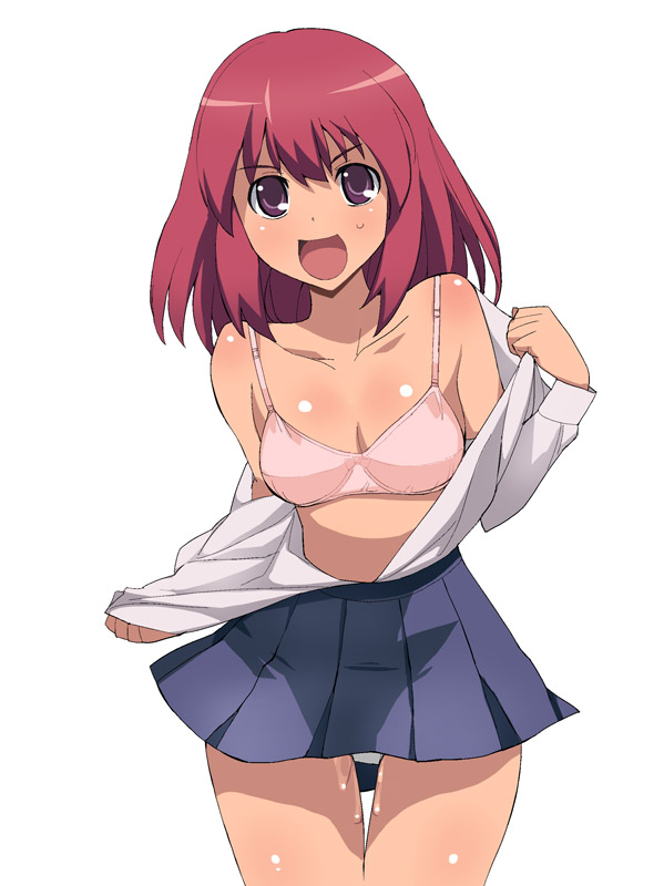 kushieda minori, toradora!, a1, 00s, 1girl, bra, lingerie, pussy juice, red hair, school uniform, short hair, skirt, solo, thigh gap, underwear, undressing