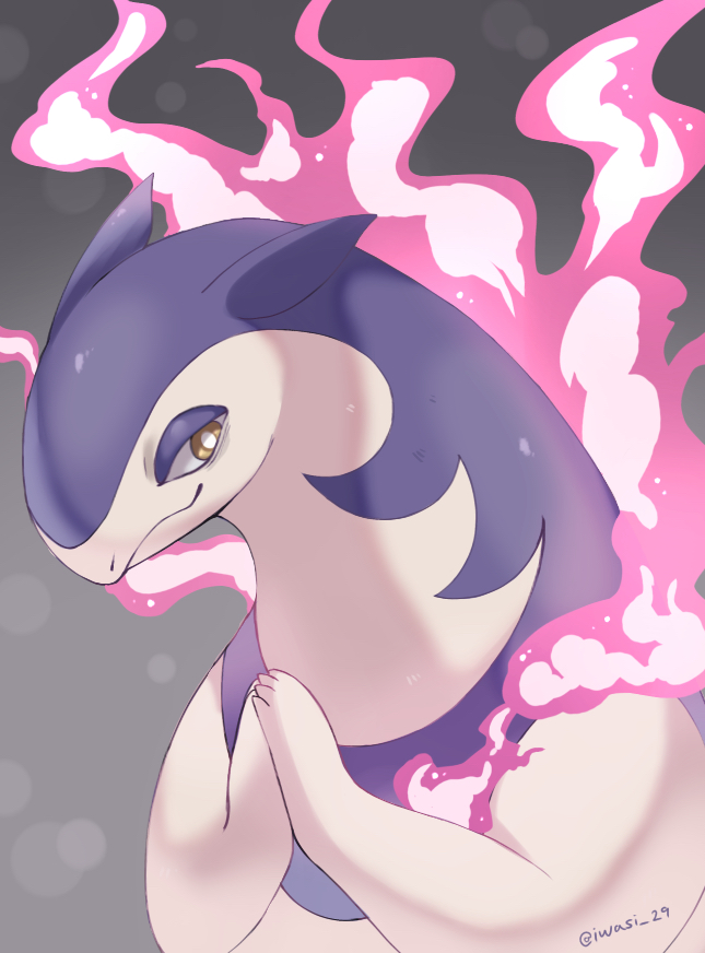iwasi 29, hisuian typhlosion, nintendo, pokemon, commentary request, animal focus, artist name, bright pupils, closed mouth, fire, gradient background, grey background, no humans, own hands together, pink fire, pokemon (creature), twitter username, upper body, yellow eyes