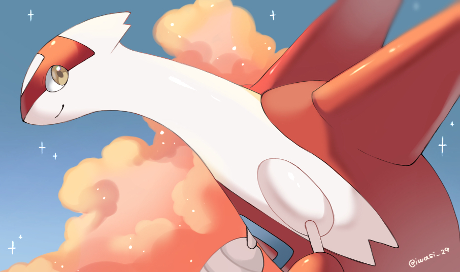 iwasi 29, latias, nintendo, pokemon, commentary request, artist name, blue sky, closed mouth, cloud, gen 3 pokemon, legendary pokemon, no humans, pokemon (creature), red clouds, sky, smile, sparkle, twitter username, wings, yellow eyes
