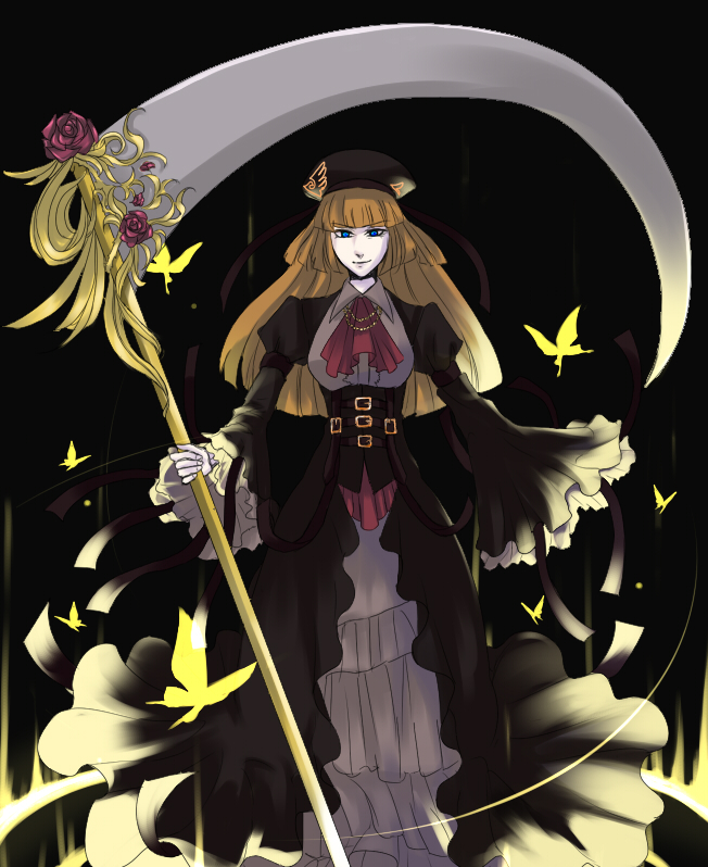 raimu, rosa beatrice, ushiromiya rosa, umineko no naku koro ni, bad id, bad pixiv id, 00s, brown hair, bug, butterfly, dress, hat, hime cut, insect, scythe, solo