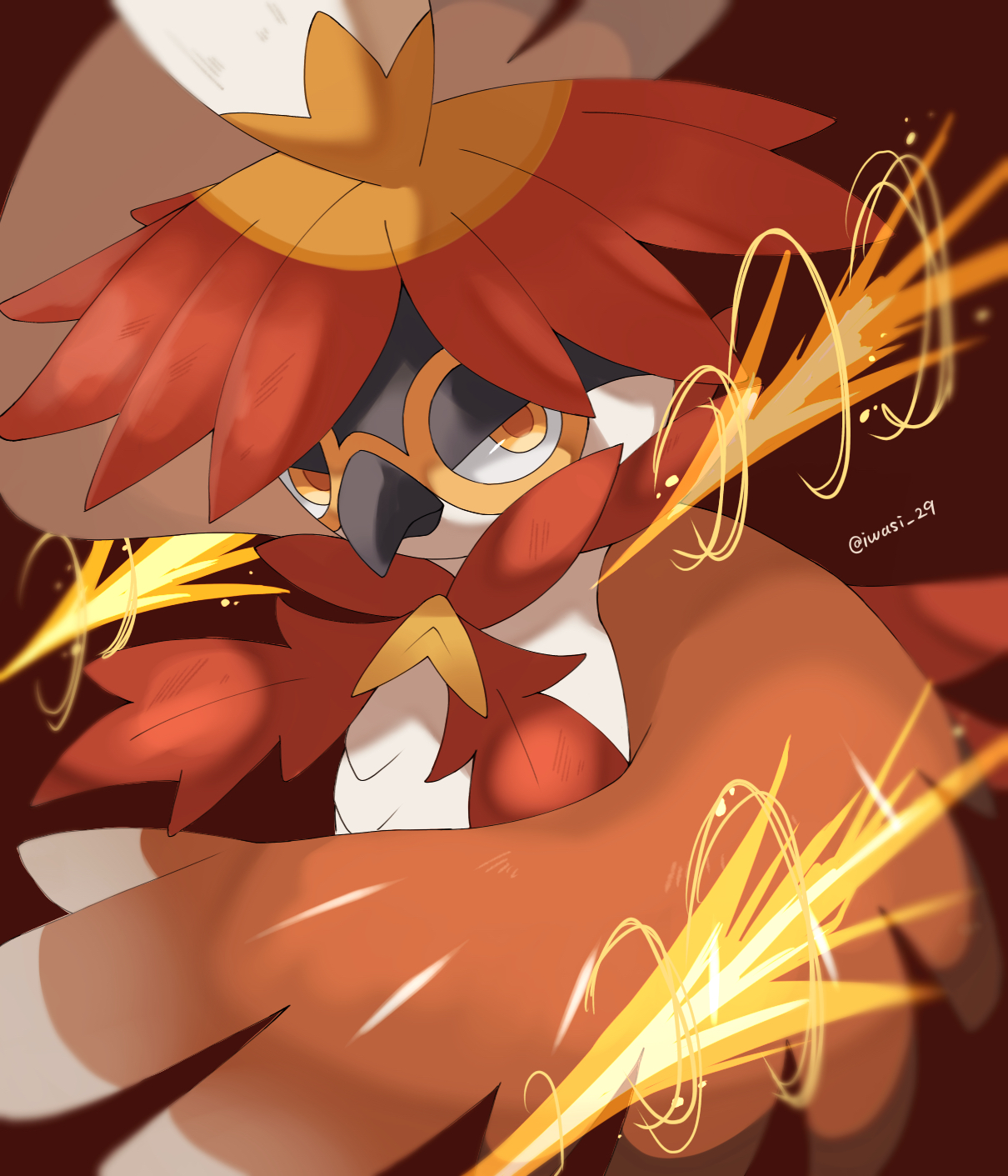 iwasi 29, hisuian decidueye, nintendo, pokemon, commentary request, highres, artist name, beak, brown feathers, closed mouth, feathers, looking at viewer, pokemon (creature), red background, twitter username, v-shaped eyebrows, white fur, wings, yellow eyes