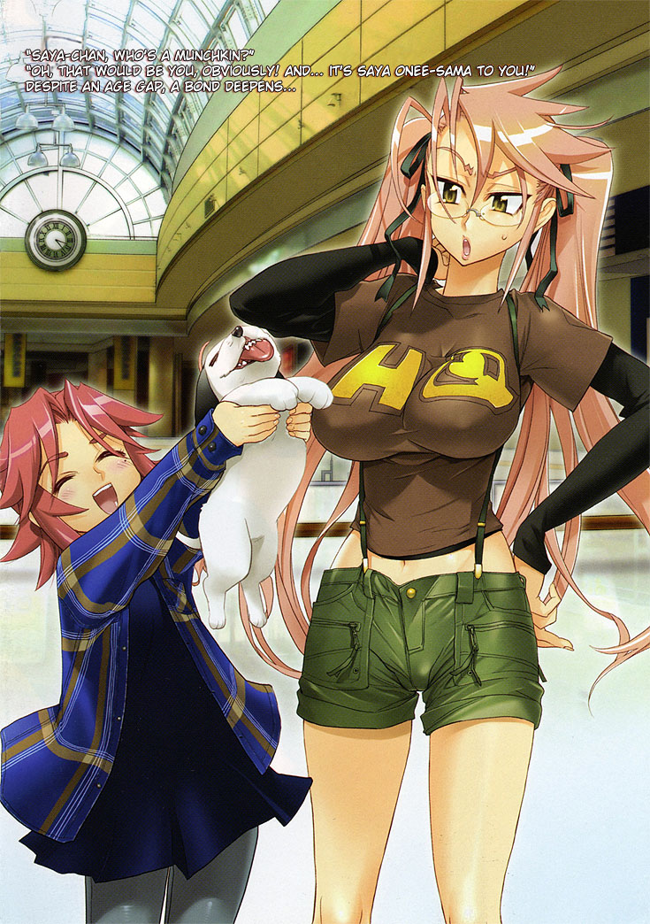 satou shouji, maresato alice, takagi saya, zeke (highschool of the dead), highschool of the dead, grey legwear, plaid, hard-translated, non-web source, official art, scan, third-party edit, >:o, 2girls, :o, ^ ^, age difference, antenna hair, arm behind head, arms up, baby animal, blue dress, breasts, brown shirt, buttons, carrying, casual, clock, closed eyes, clothes writing, covered erect nipples, cowboy shot, dog, dress, english text, flat chest, flipped hair, glasses, hair between eyes, hair ribbon, hand on own hip, happy, heart, heart print, impossible clothes, impossible shirt, indoors, large breasts, long hair, long sleeves, looking at another, midriff, multiple girls, navel, open clothes, open mouth, outline, pantyhose, parted bangs, pink hair, pocket, puppy, red hair, ribbon, rimless eyewear, shirt, short dress, short hair, short shorts, shorts, sleeves past wrists, standing, suspenders, sweatdrop, t-shirt, taut clothes, taut shirt, tongue, twintails, v-shaped eyebrows, very long hair, window, yellow eyes, zipper