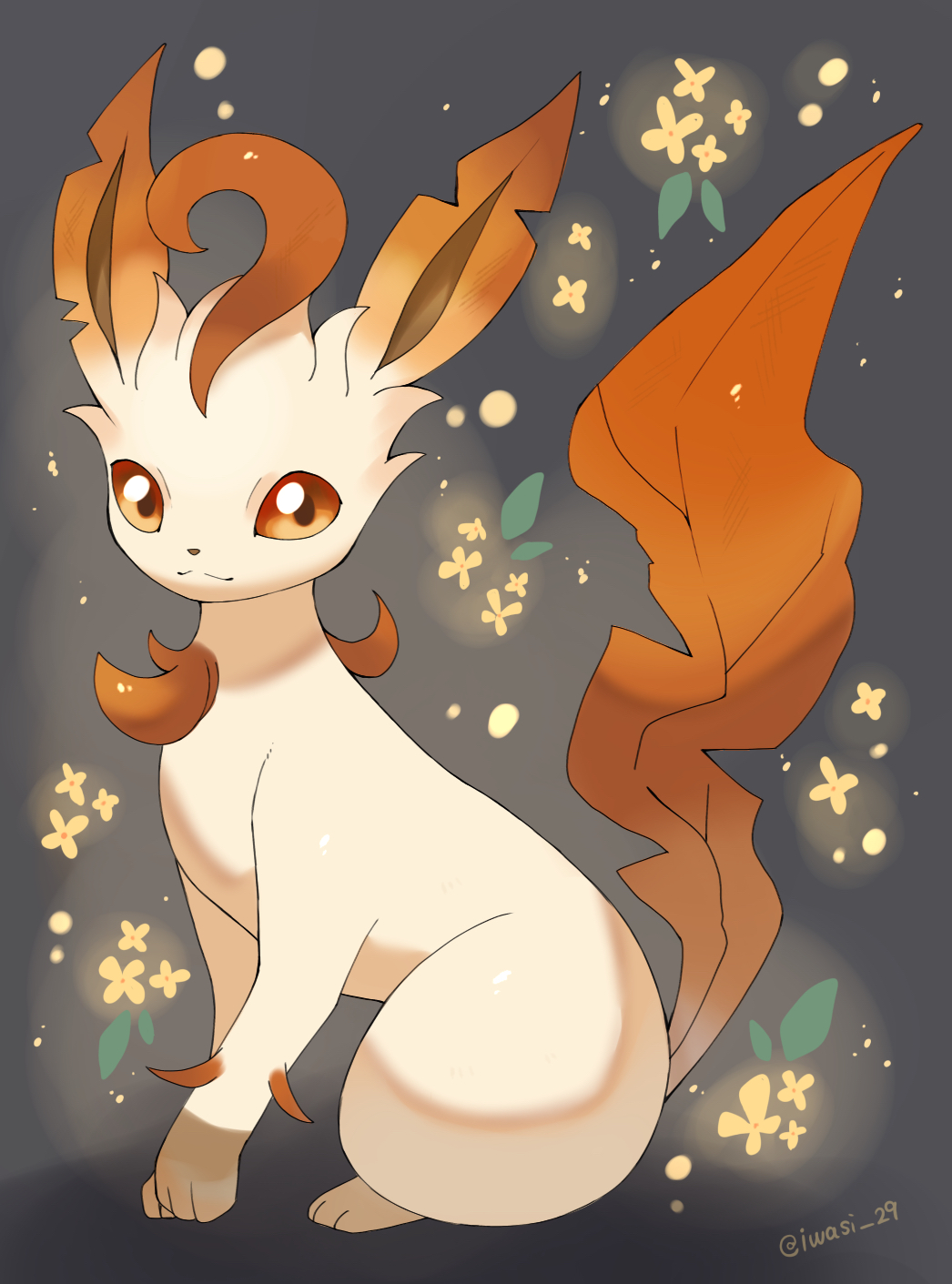 iwasi 29, leafeon, nintendo, pokemon, commentary request, highres, alternate color, animal focus, artist name, brown fur, closed mouth, flower, gen 4 pokemon, glowing, glowing flower, gold osmanthus, grey background, leaf, no humans, orange eyes, orange flower, osmanthus, pokemon (creature), shiny pokemon, sitting, tail, twitter username