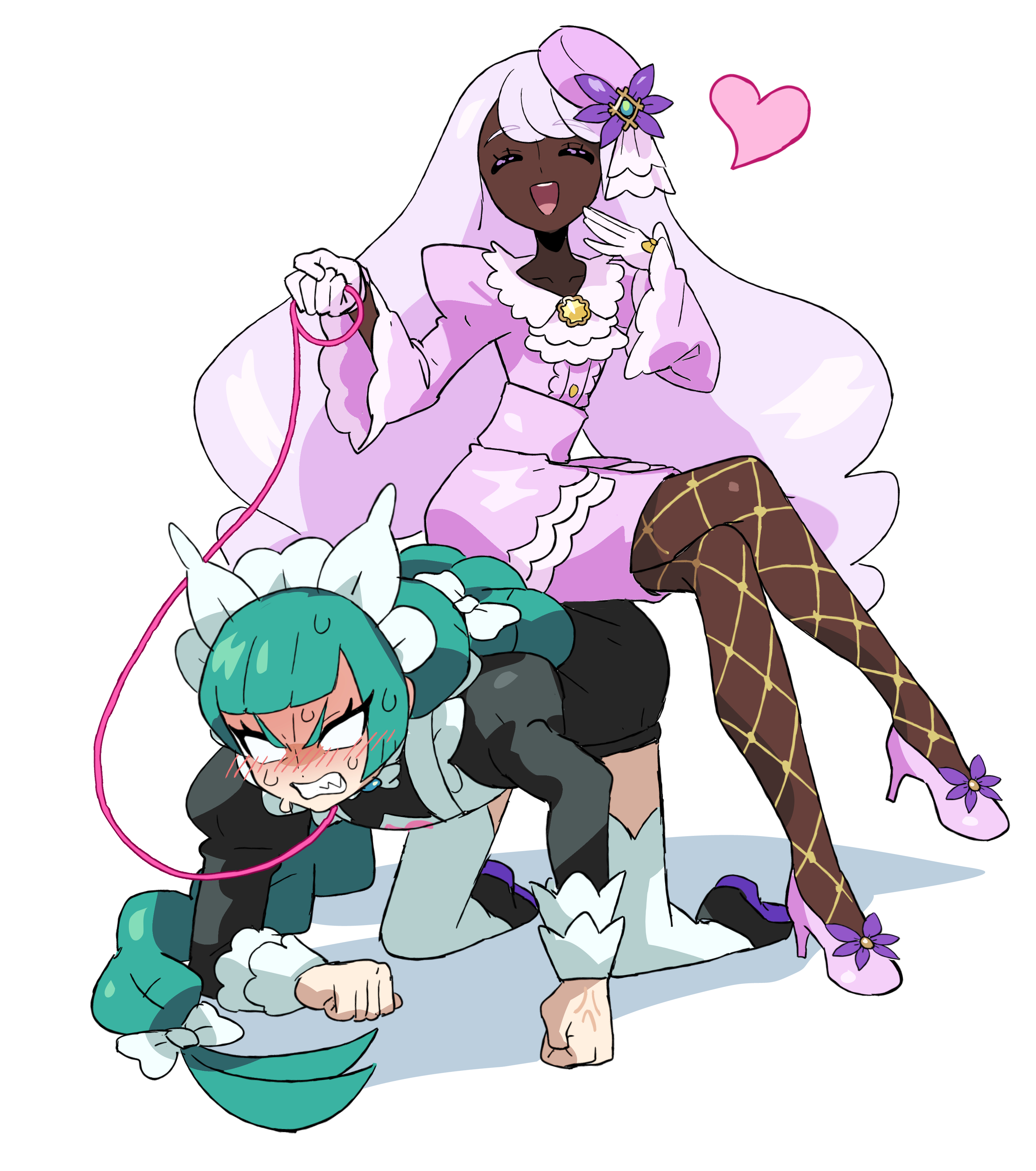 sach56000, jacinthe (pokemon), lebanne (pokemon), nintendo, pokemon, pokemon legends: z-a, absurdres, highres, 2girls, apron, braid, braided ponytail, dark-skinned female, dark skin, green hair, holding, holding leash, juliet sleeves, leash, long hair, long sleeves, low drills, maid apron, maid headdress, multiple girls, puffy sleeves, single braid, sitting, sitting on person