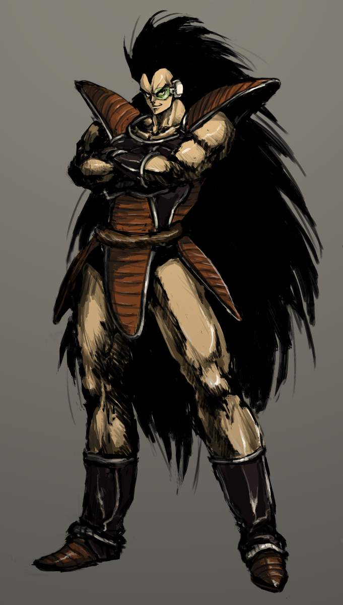 moto murabito, raditz, dragon ball, dragonball z, highres, traditional media, 1boy, black hair, crossed arms, long hair, male focus, scouter, simple background, solo, very long hair
