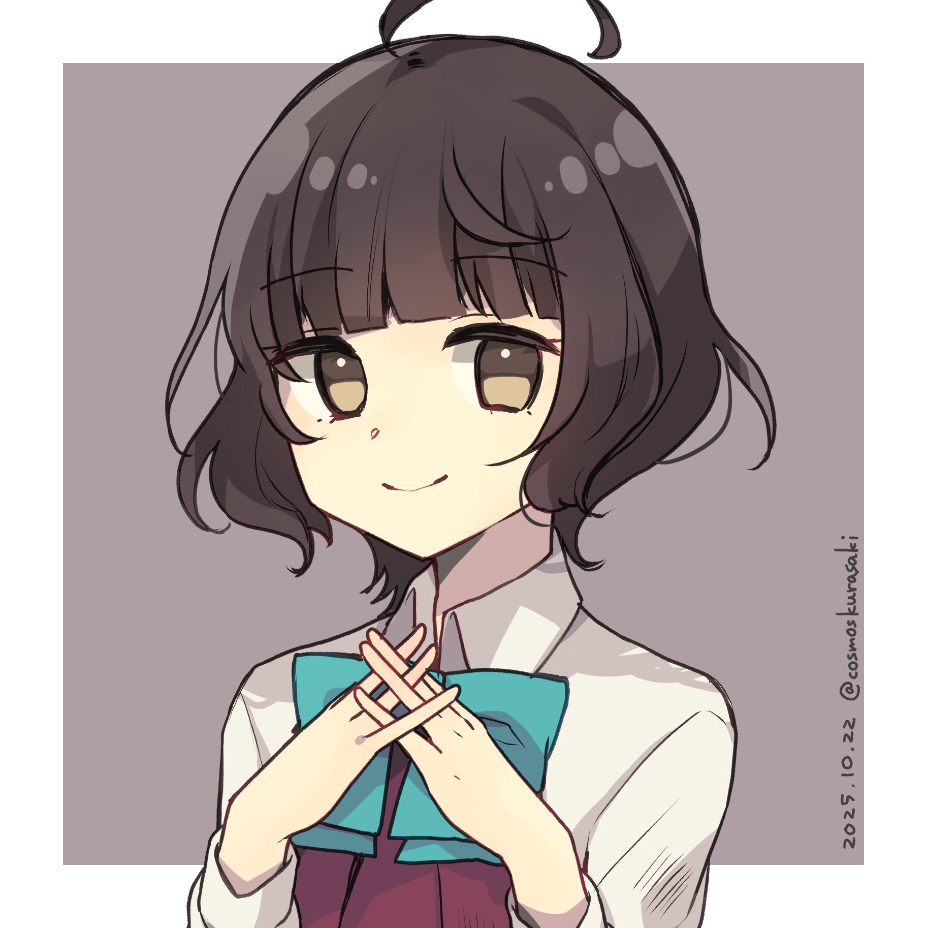 kurasaki cosmos, kishinami (kancolle), kantai collection, highres, 1girl, ahoge, aqua bow, aqua bowtie, blunt bangs, bow, bowtie, brown eyes, brown hair, collared shirt, dated, dress, dress shirt, halter dress, halterneck, own hands clasped, own hands together, pleated dress, shirt, short hair, solo, twitter username, upper body, white shirt