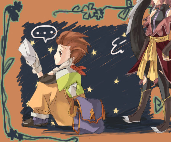 kontore, karol capel, nan (tales), tales of (series), tales of vesperia, 00s, 1boy, 1girl, bag, brown eyes, brown hair, flower, short hair, star (symbol)