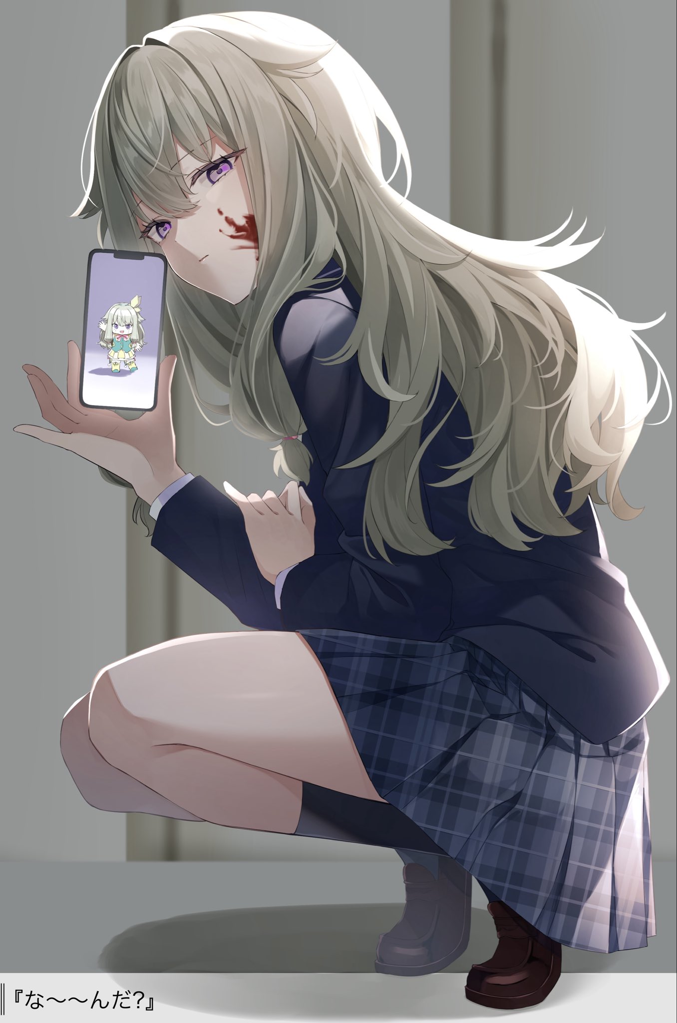 wanderlands k, kusanagi nene, nenerobo, project sekai, highres, translated, 1girl, black socks, blazer, blood, blood on cheek, blood on face, blue jacket, blue skirt, brown shoes, cellphone, cellphone photo, closed mouth, expressionless, from side, full body, green hair, hair between eyes, hair flaps, hand up, hito mania (utau), holding, holding phone, jacket, kamiyama high school uniform (project sekai), kneehighs, loafers, long hair, long sleeves, looking at viewer, low-tied sidelocks, phone, plaid clothes, plaid skirt, pleated skirt, purple eyes, school uniform, shadow, shirt, shoes, sidelocks, skirt, smartphone, socks, solo focus, squatting, turning head, white shirt
