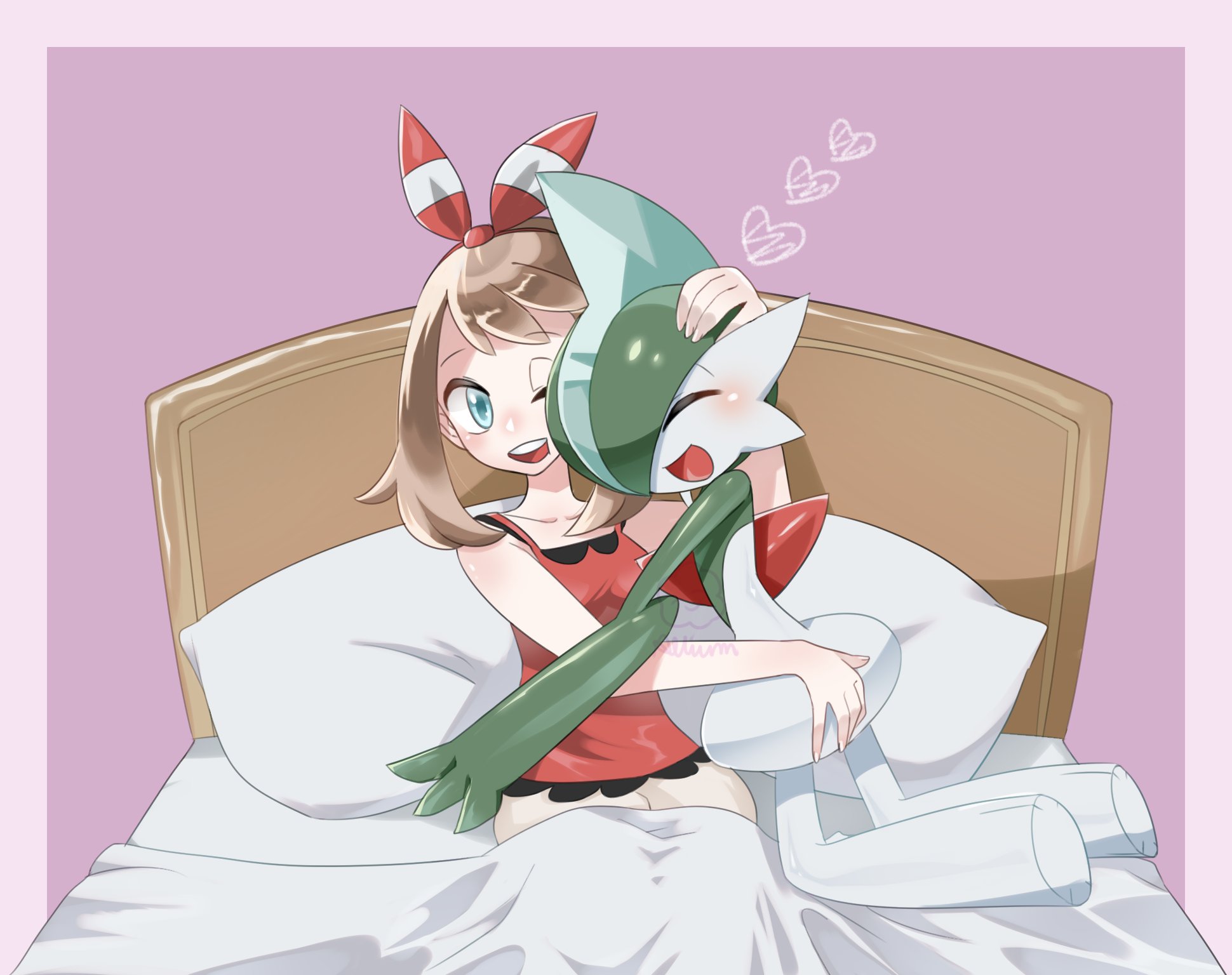 ariumu, gallade, may (pokemon), nintendo, pokemon, pokemon rse, commentary, highres, 1girl, 1other, arm blade, bare shoulders, bed sheet, blanket, blonde hair, blush, border, bottomless, camisole, closed eyes, colored skin, facing another, gen 4 pokemon, green hair, hair ribbon, hand on another's head, hand on another's thigh, happy, heart, hug, kneeling, leaning on person, looking at another, mohawk, multicolored skin, on bed, one eye closed, open mouth, partially undressed, pillow, purple background, purple border, red camisole, red ribbon, ribbon, shirt, sitting, sleeveless, sleeveless shirt, spaghetti strap, two-tone skin, under covers, undershirt, weapon, wide hips