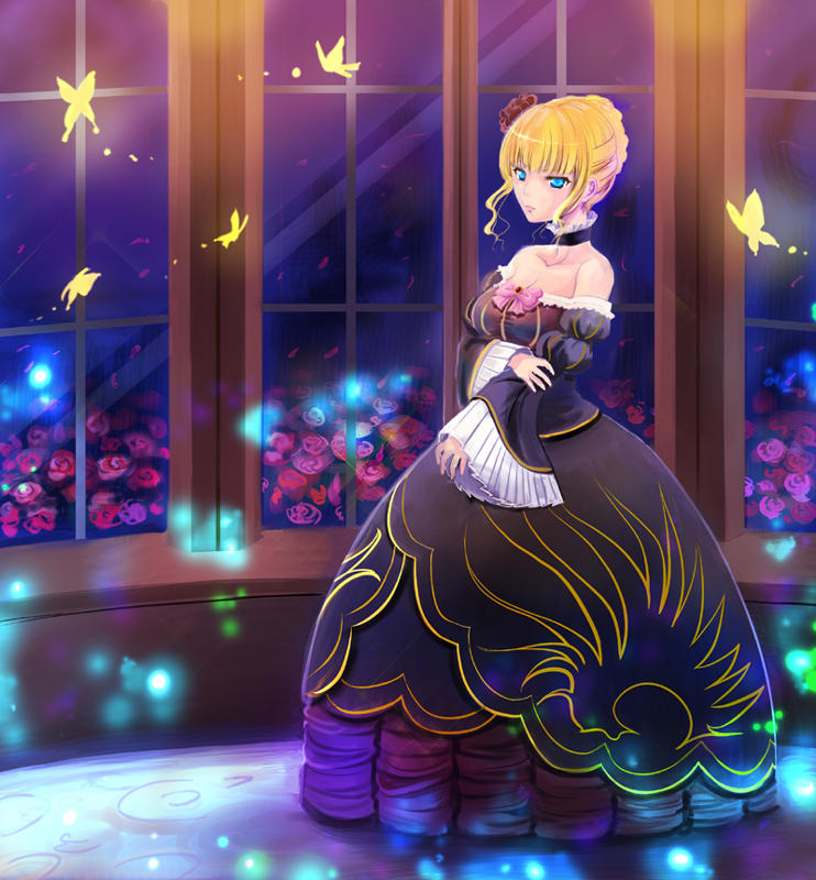tagme, blonde hair, blue eyes, breasts, bug, butterfly, cleavage, dress, flower