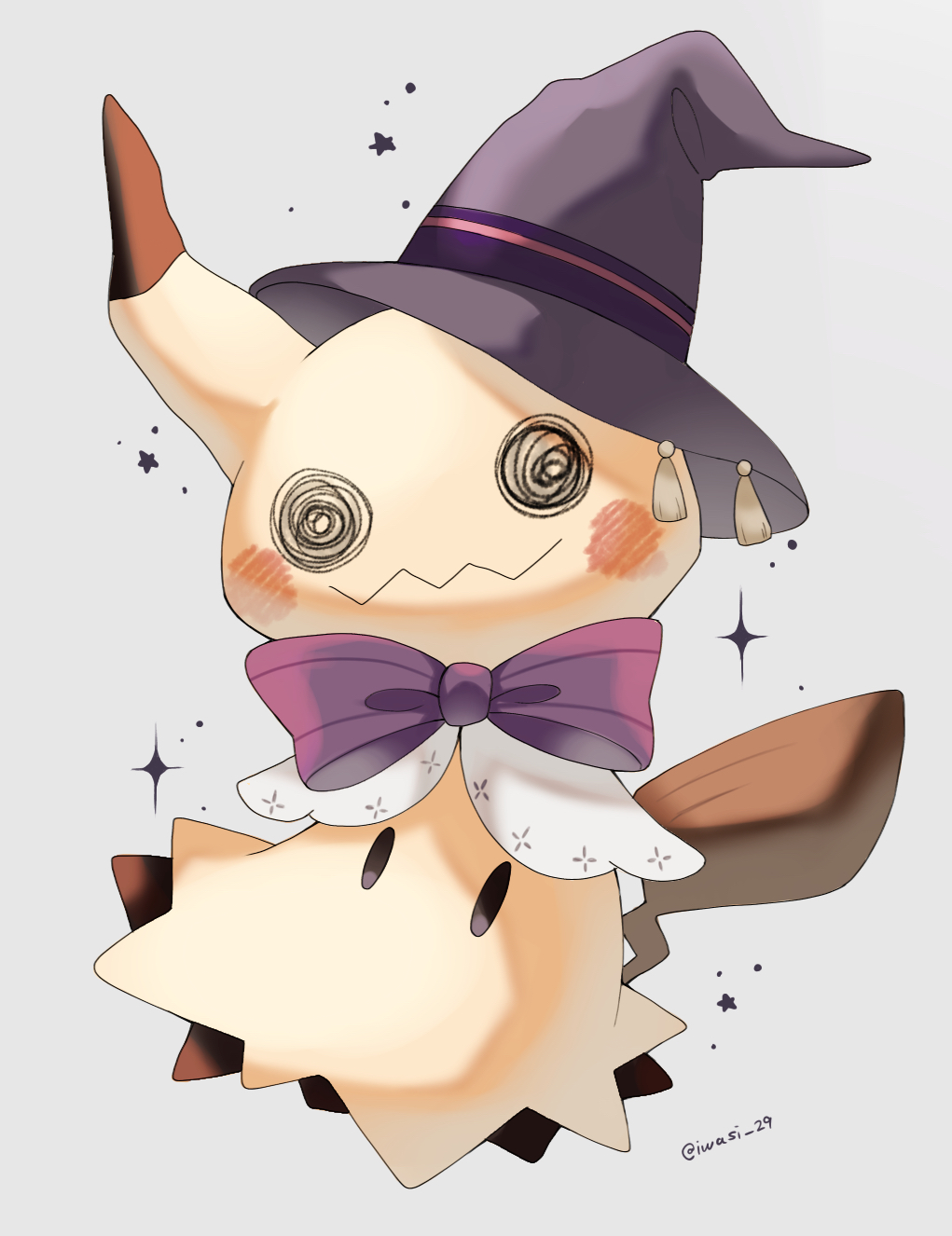 iwasi 29, mimikyu, nintendo, pokemon, commentary request, highres, artist name, bow, bowtie, colored skin, gen 7 pokemon, grey background, hat, pokemon (creature), purple bow, purple bowtie, simple background, solid oval eyes, sparkle, tail, twitter username, wavy mouth, witch hat, yellow skin
