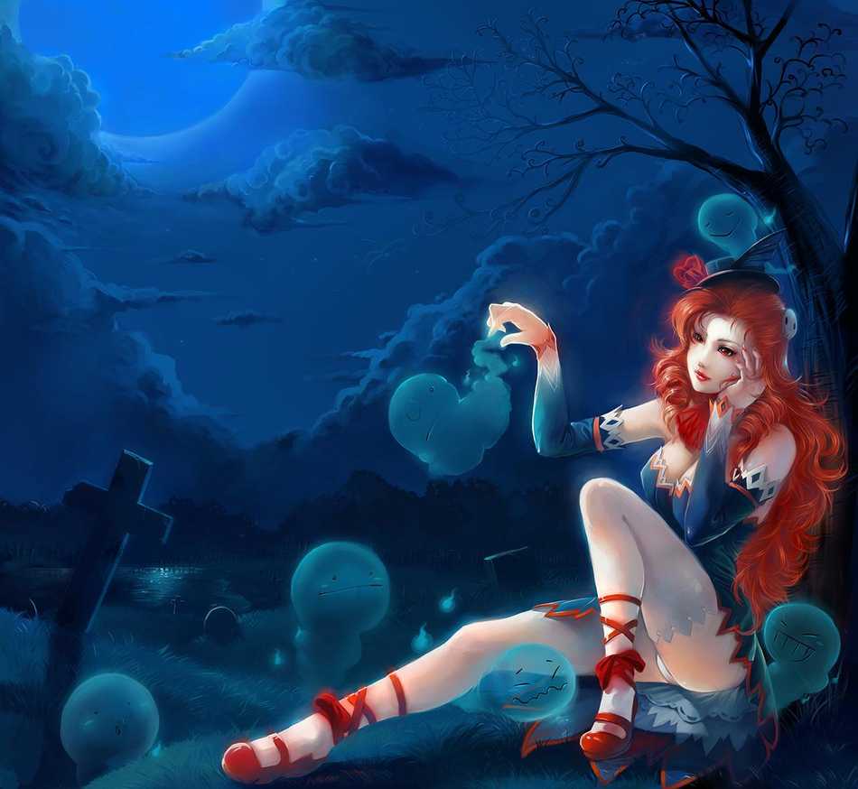 1girl, breasts, cleavage, dress, female focus, ghost, graveyard, hat, long hair, nature, night, outdoors, panties, plant, red hair, sky, solo, underwear, upskirt