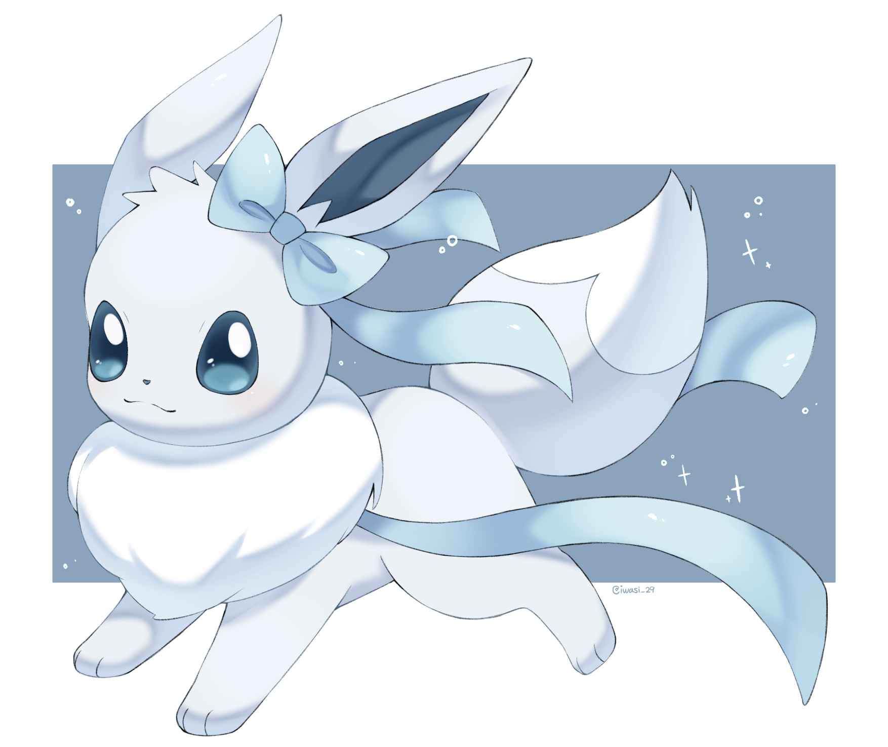 iwasi 29, eevee, nintendo, pokemon, commentary request, highres, alternate color, animal focus, artist name, blue background, blue bow, blue eyes, blue ribbon, border, bow, closed mouth, gen 1 pokemon, no humans, outside border, pokemon (creature), ribbon, shiny pokemon, smile, tail, twitter username, white border, white fur