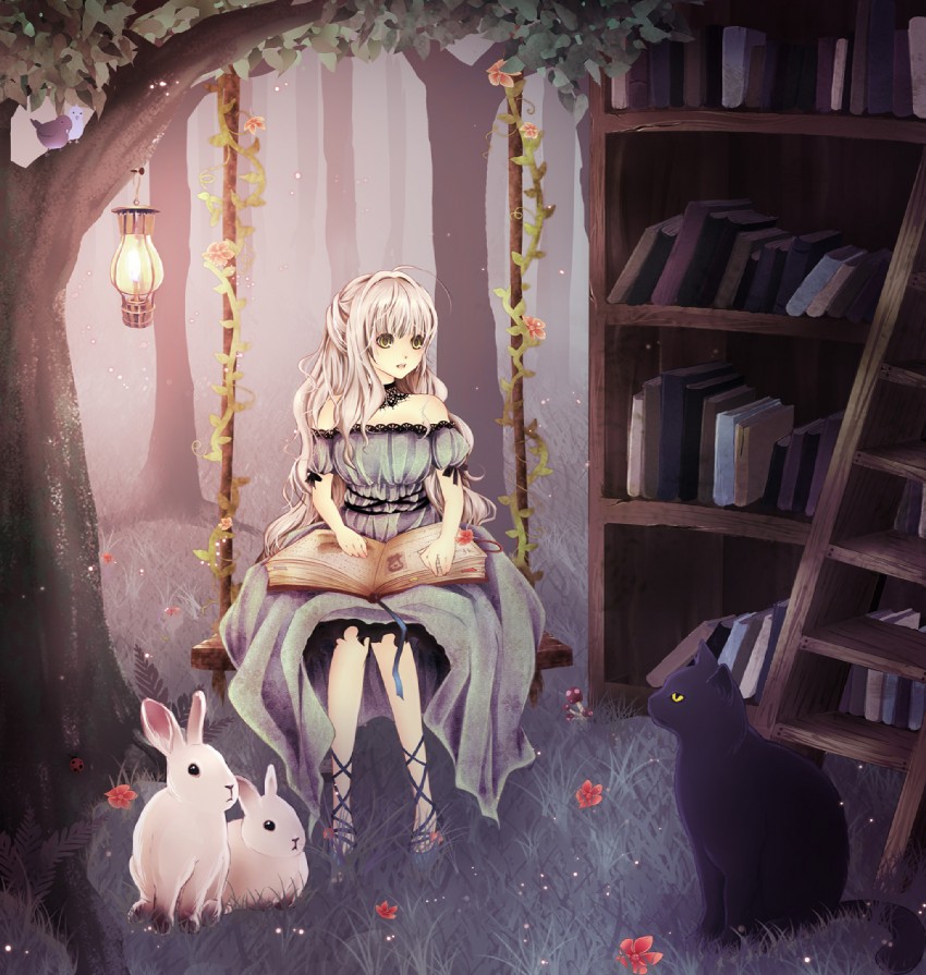 alice's adventures in wonderland, blonde hair, book, cat, choker, collar, dress, flower, frills, gothic lolita, ladder, lamp, library, lolita fashion, long hair, open book, rabbit, reading, ribbon, sitting, swing, tree