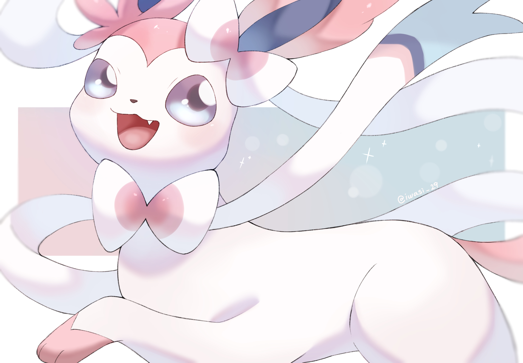 iwasi 29, sylveon, nintendo, pokemon, commentary request, highres, animal focus, artist name, blue background, blue eyes, border, bow, fang, gen 6 pokemon, gradient background, no humans, open mouth, outside border, pink background, pokemon (creature), smile, tail, twitter username, white border, white bow, white fur