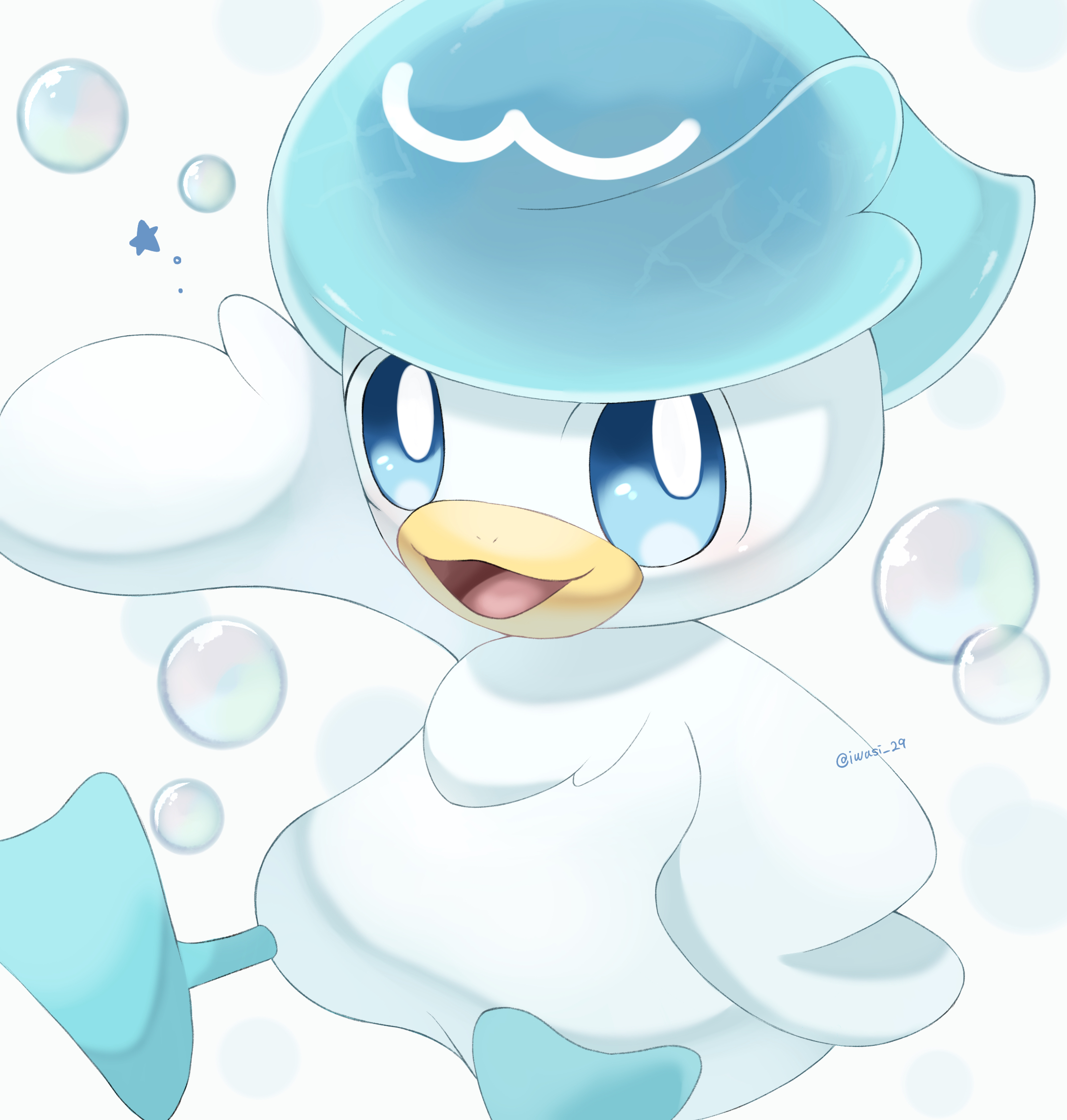iwasi 29, quaxly, nintendo, pokemon, commentary request, highres, animal focus, artist name, bird, blue eyes, blue hair, bright pupils, bubble, duck, no humans, open mouth, pokemon (creature), simple background, star (symbol), twitter username, webbed feet, white background