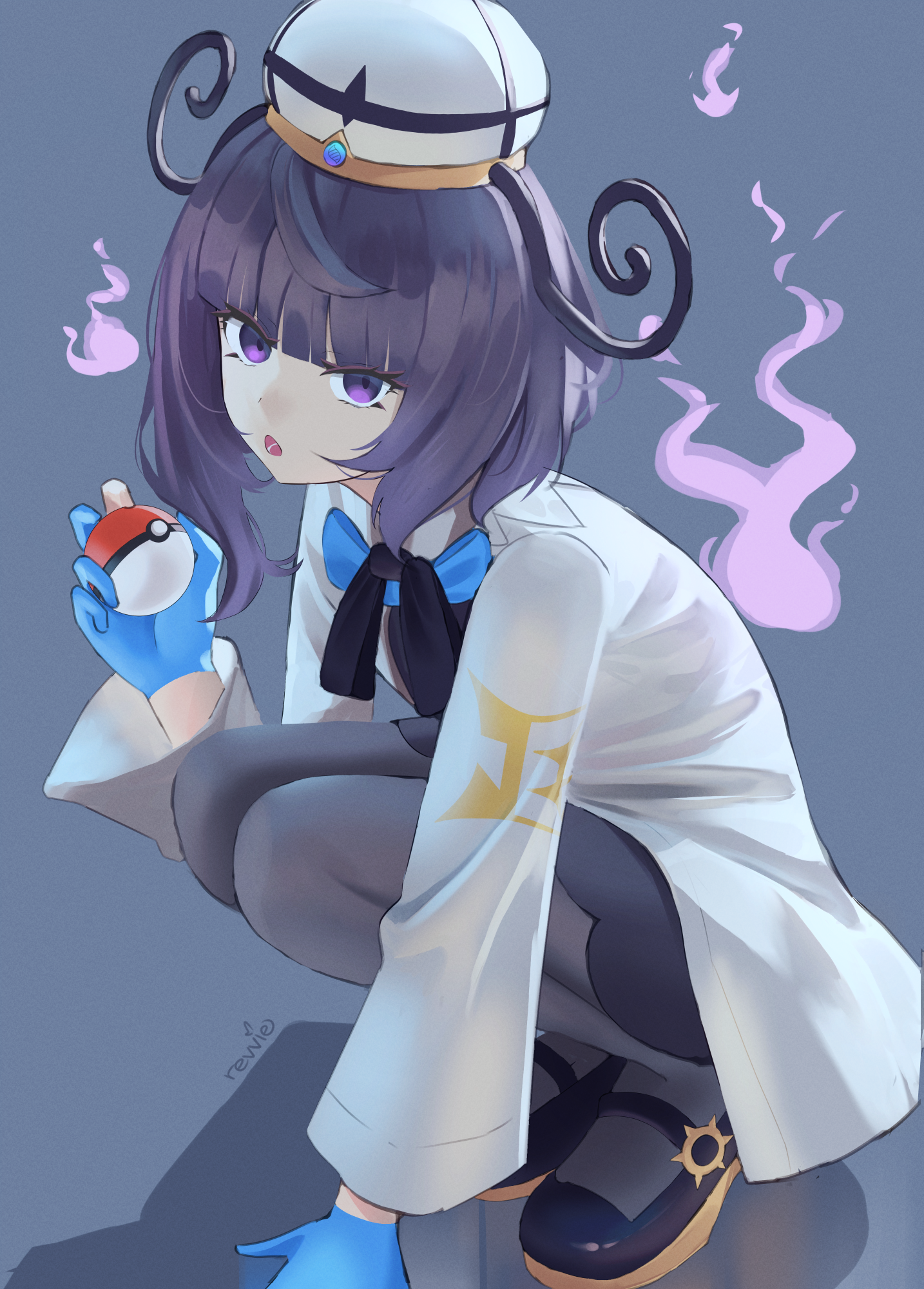 revvie, gwynn (pokemon), nintendo, pokemon, pokemon legends: z-a, highres, 1girl, black dress, black hair, black pantyhose, blue gloves, blunt bangs, bob cut, coat, dress, gloves, hat, long sleeves, looking at viewer, multicolored hair, open clothes, open coat, open mouth, pantyhose, partially fingerless gloves, purple eyes, purple hair, short hair, solo, squatting, swimsuit, white coat
